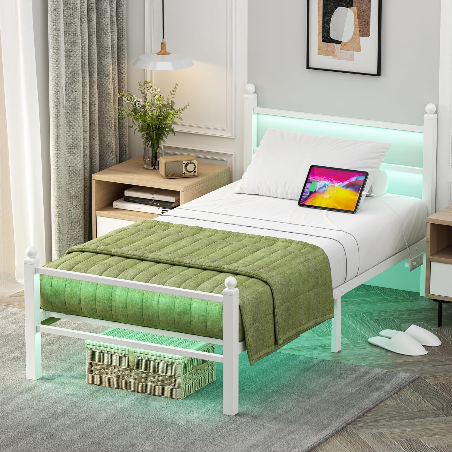Twin Size Bed Frames with Charging Ports&LED Lights Heavy Duty Metal Slats