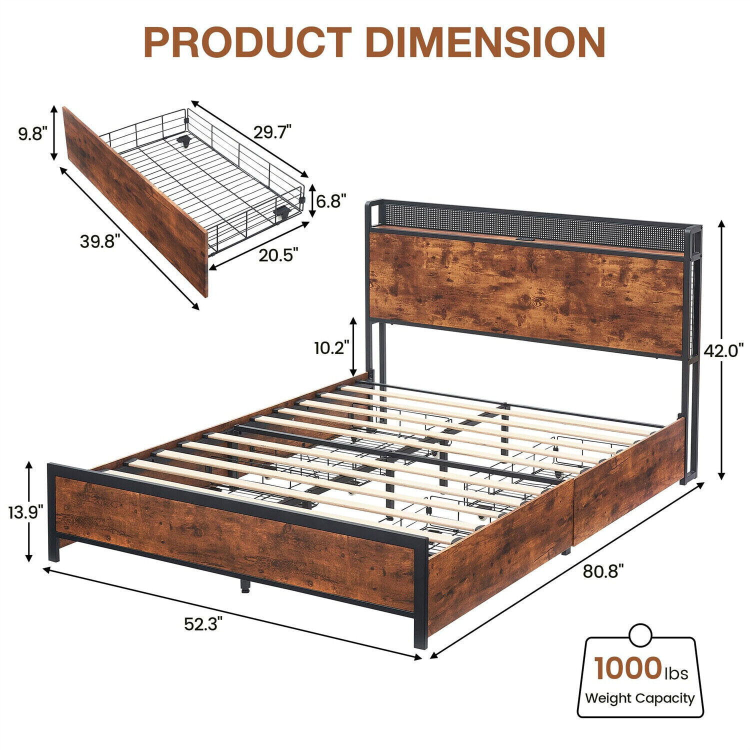 🔥✅Full Bed Frame with 4 Storage Drawers Metal Platform Bed Frame Headboard W/LE