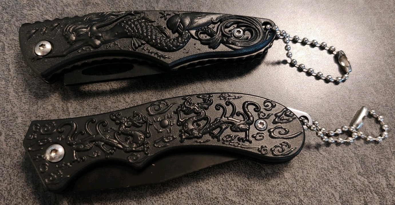 New 2 small folding knives 2" black fantasy EDC keychain mermaid / dragon