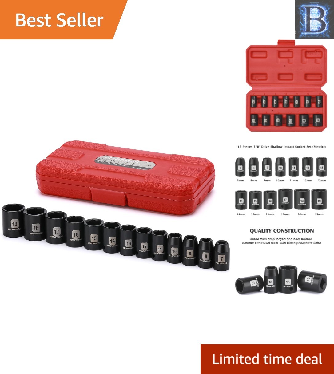 13-Piece Metric Shallow Impact Socket Set 3/8 Drive - High Torque Design