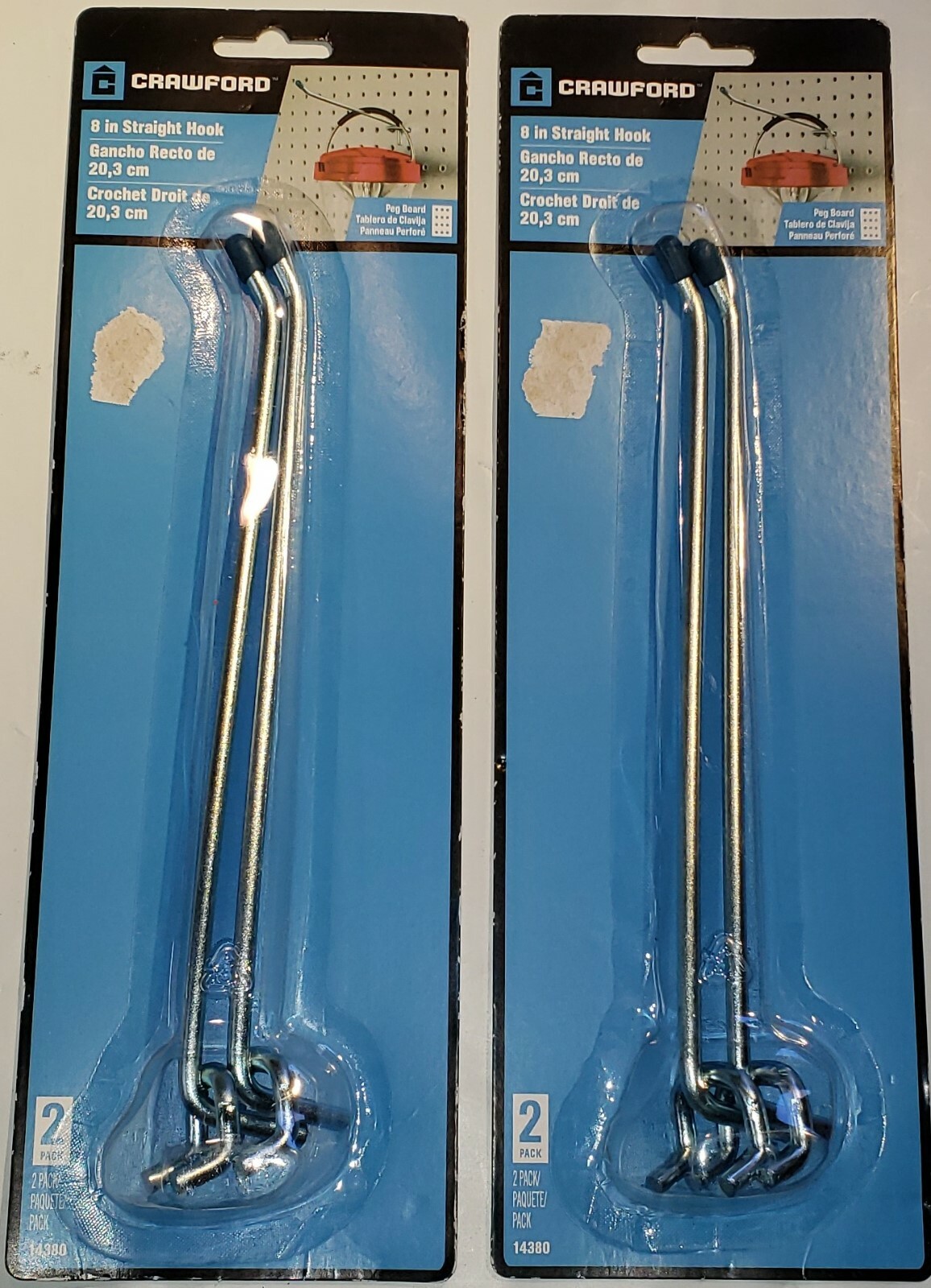 (2) Crawford 14380 Silver Steel 8" Peg Board Hooks Lot of Two 2 Packs
