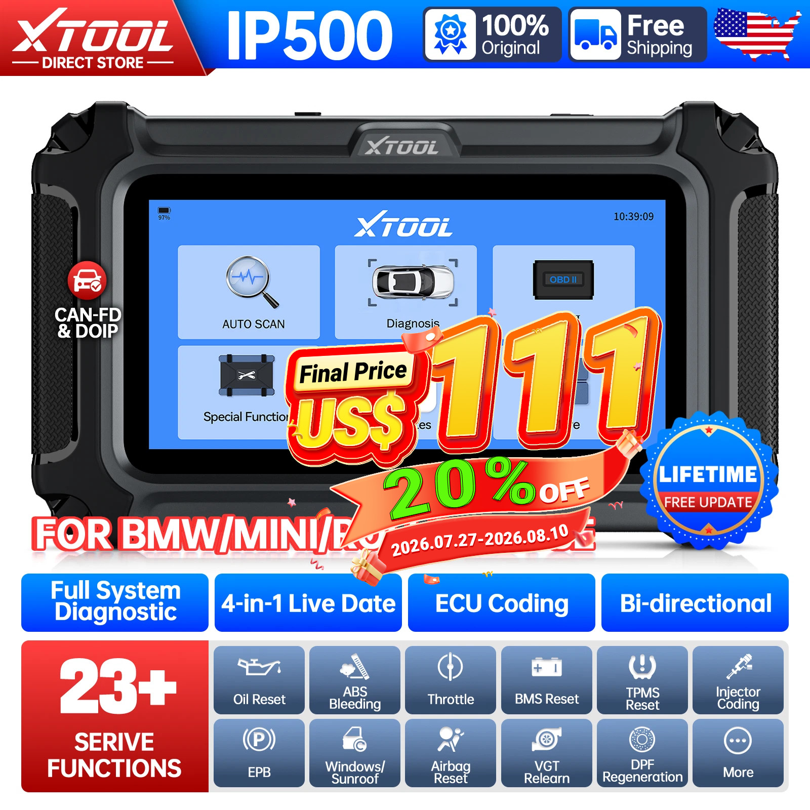 XTOOL for BMW/Mini Car IP500 OBD2 Scanner Diagnostic Tool Full System ECU Coding