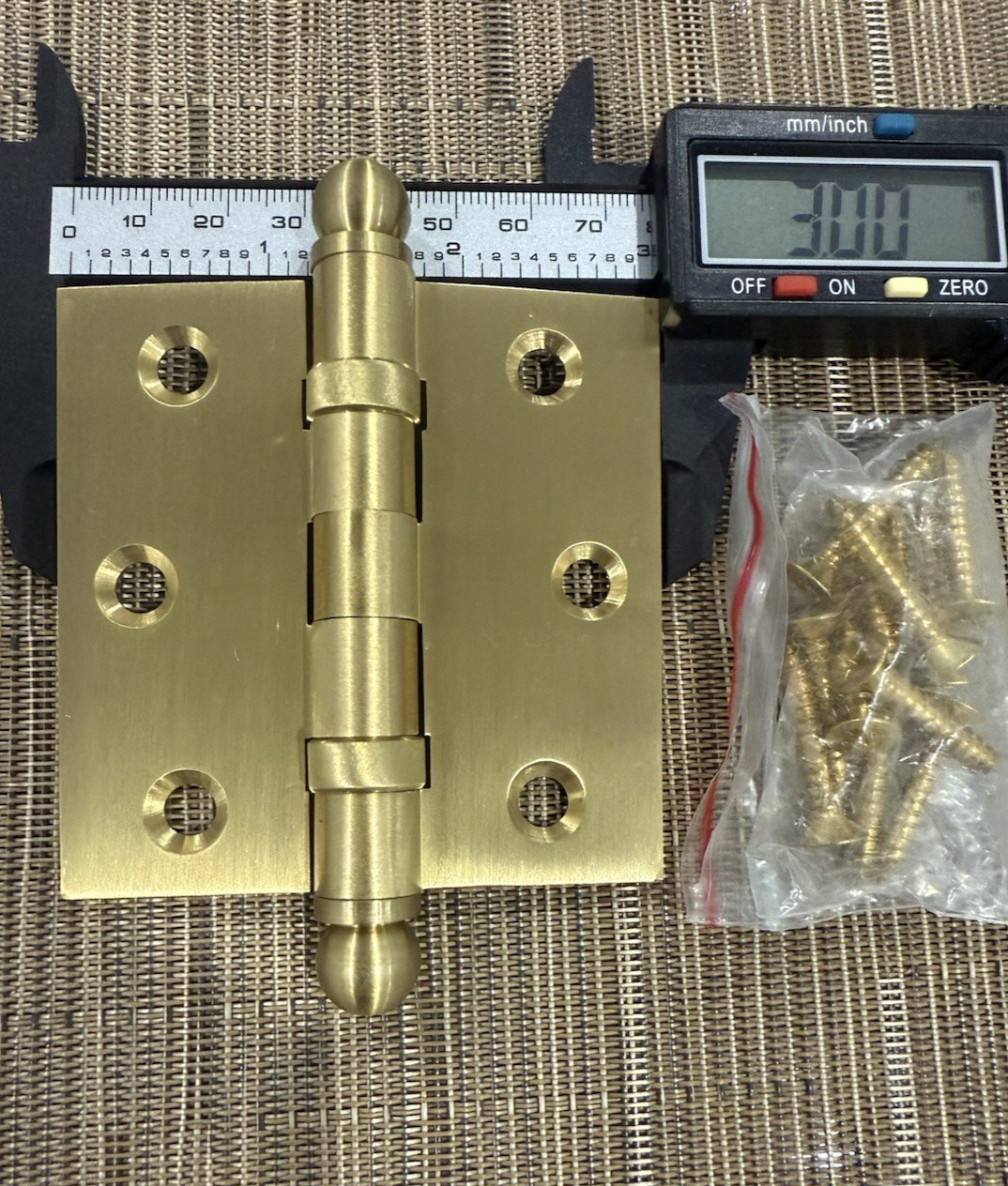 3"x 3" solid brass ball bearing door hinge, satin brushed with Ball tip