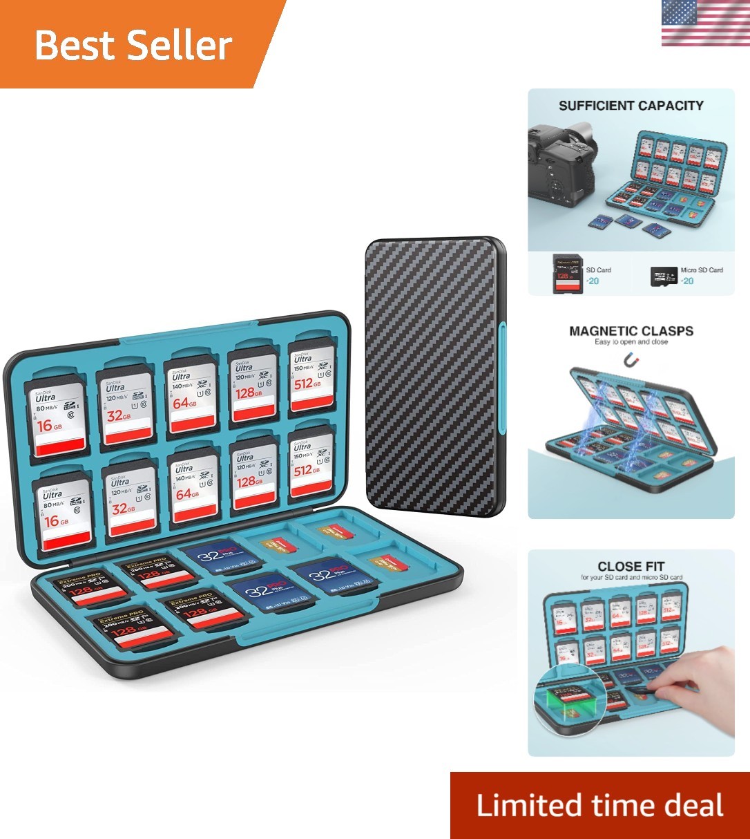 Portable SD Card Storage Case for 20 SDXC & 20 TF Cards - Lightweight Design