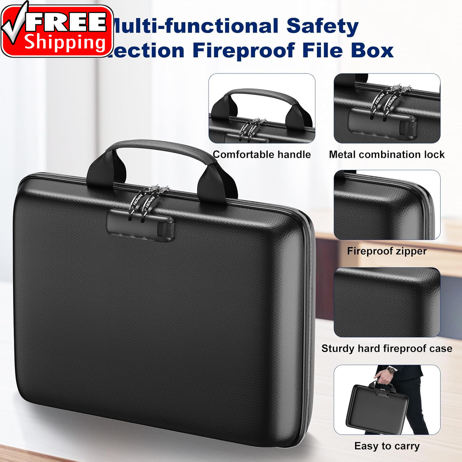 Fireproof Document Box, Hard Case Fireproof File Organizer with Lock and 13 Pock