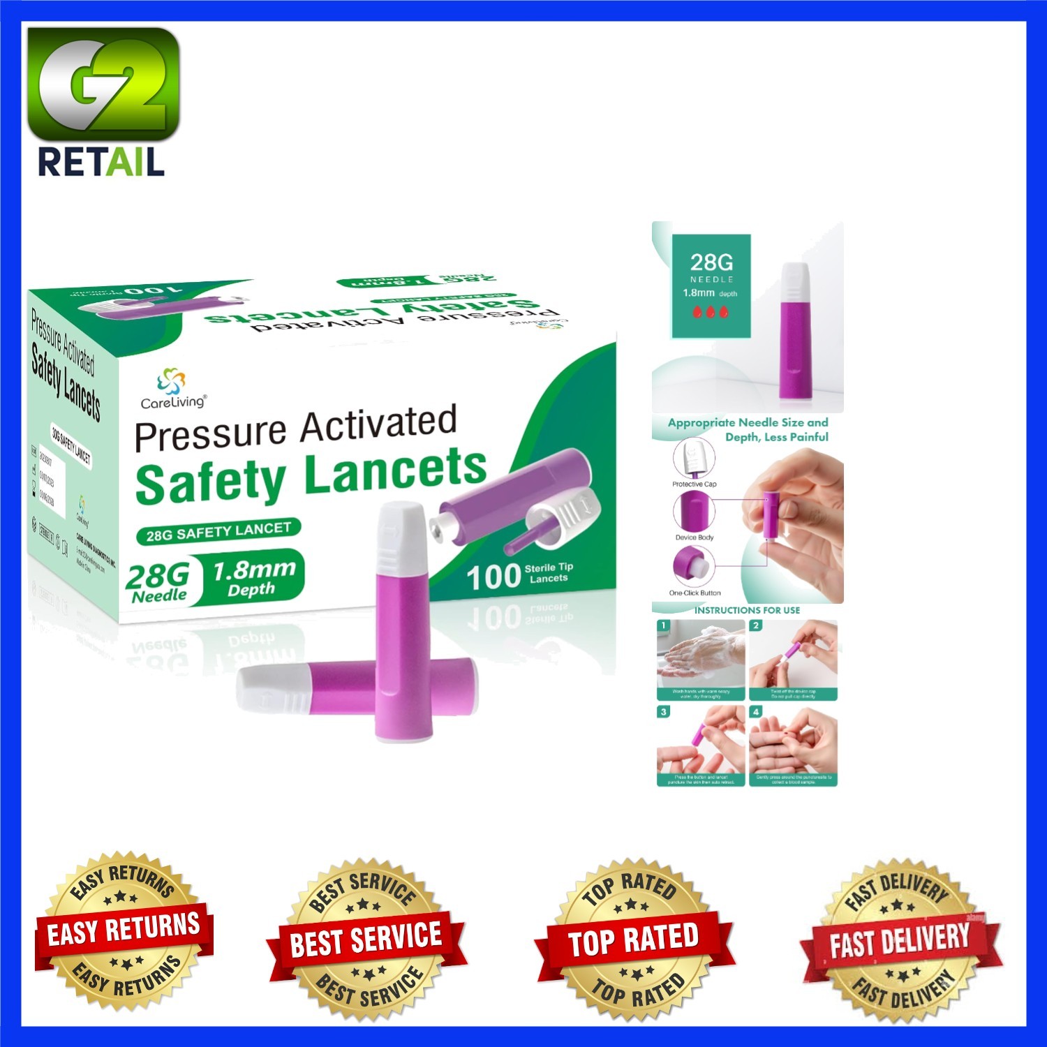 Gentle 28G Safety Lancets: 100 Count Sterile Blood Testing, No Exposure Risk