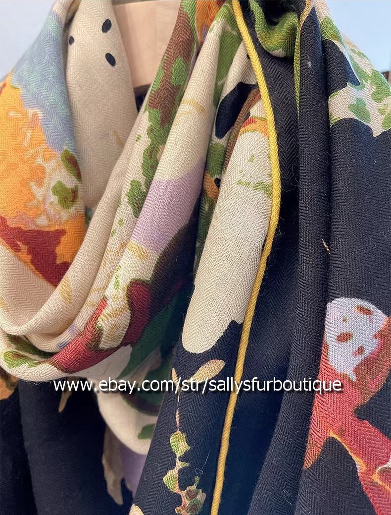 70% Cashmere & 30% Silk Wrap Scarf Stole Leaves Print Square Shawl 53" Black