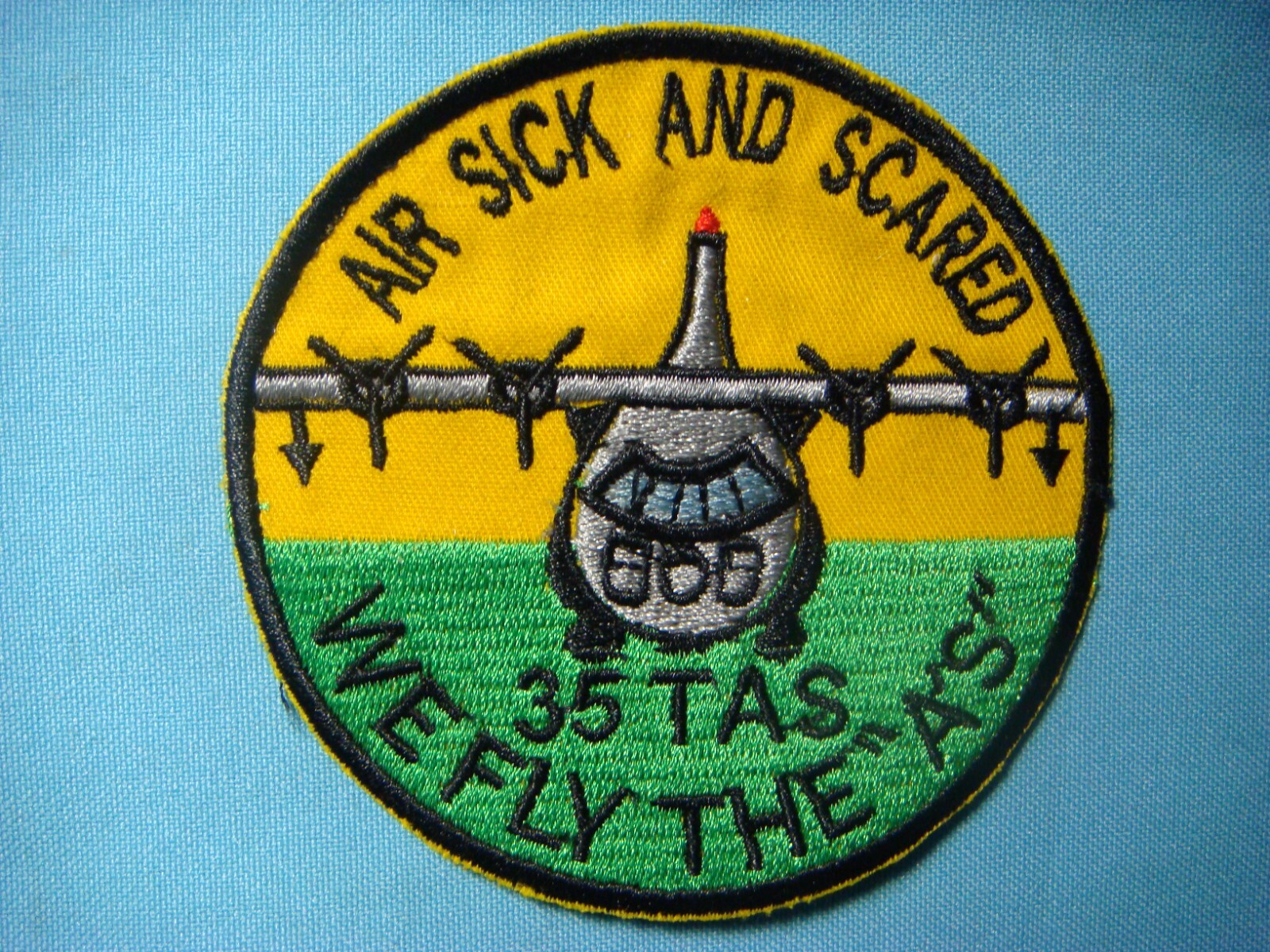 VIETNAM WAR PATCH, USAF 35th TACTICAL AIRLIFT SQUADRON "AIR SICK AND SCARED"