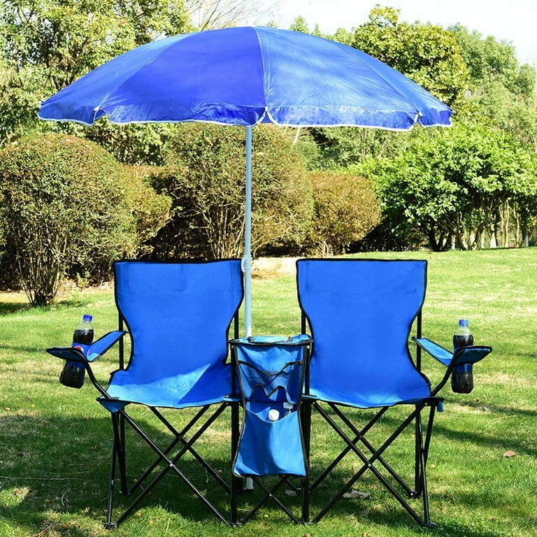 Portable Folding Picnic Double Chair W/Umbrella & Cooler