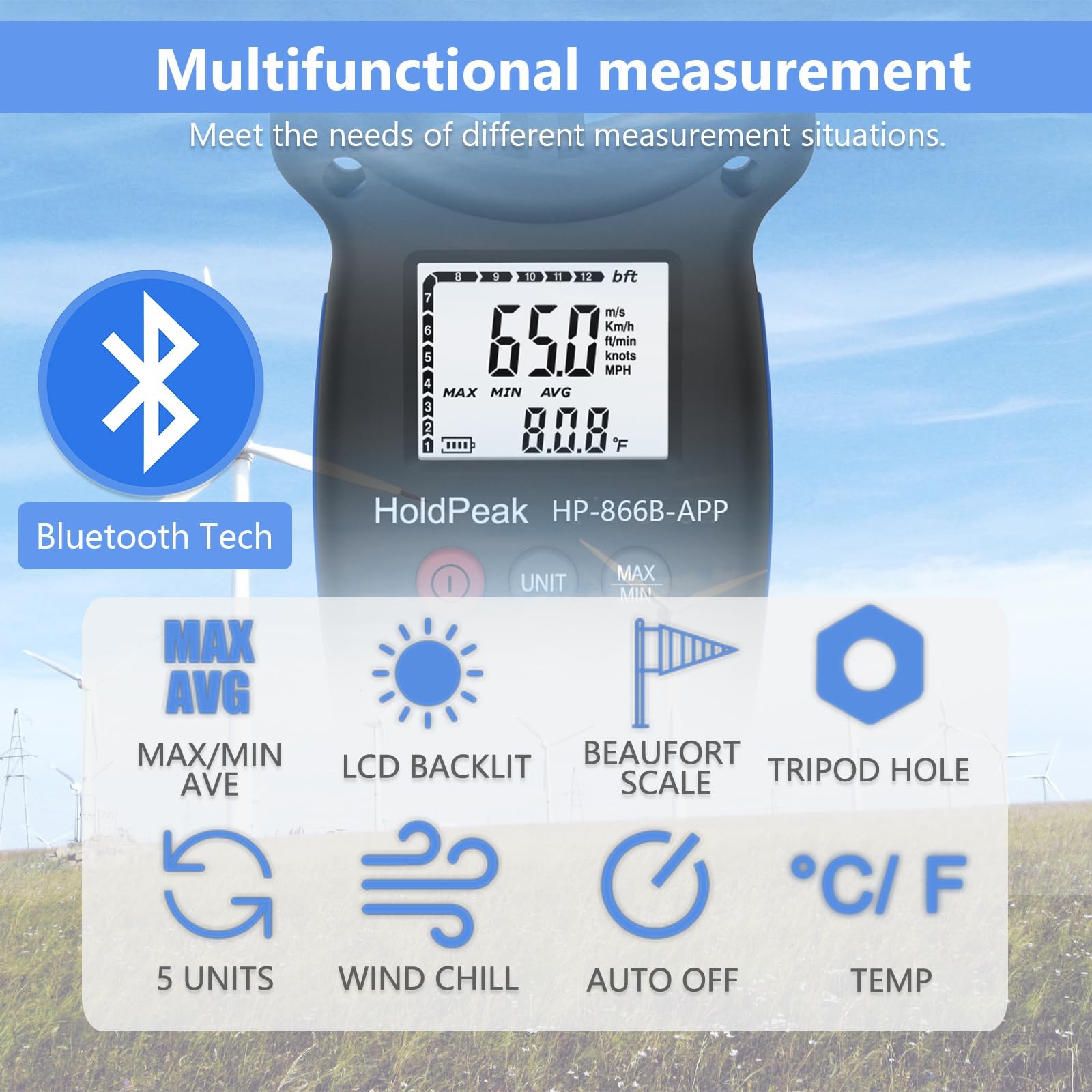 HoldPeak Handheld Anemometer Bluetooth, Digital Wind Speed Gauge Meter, Flow ...
