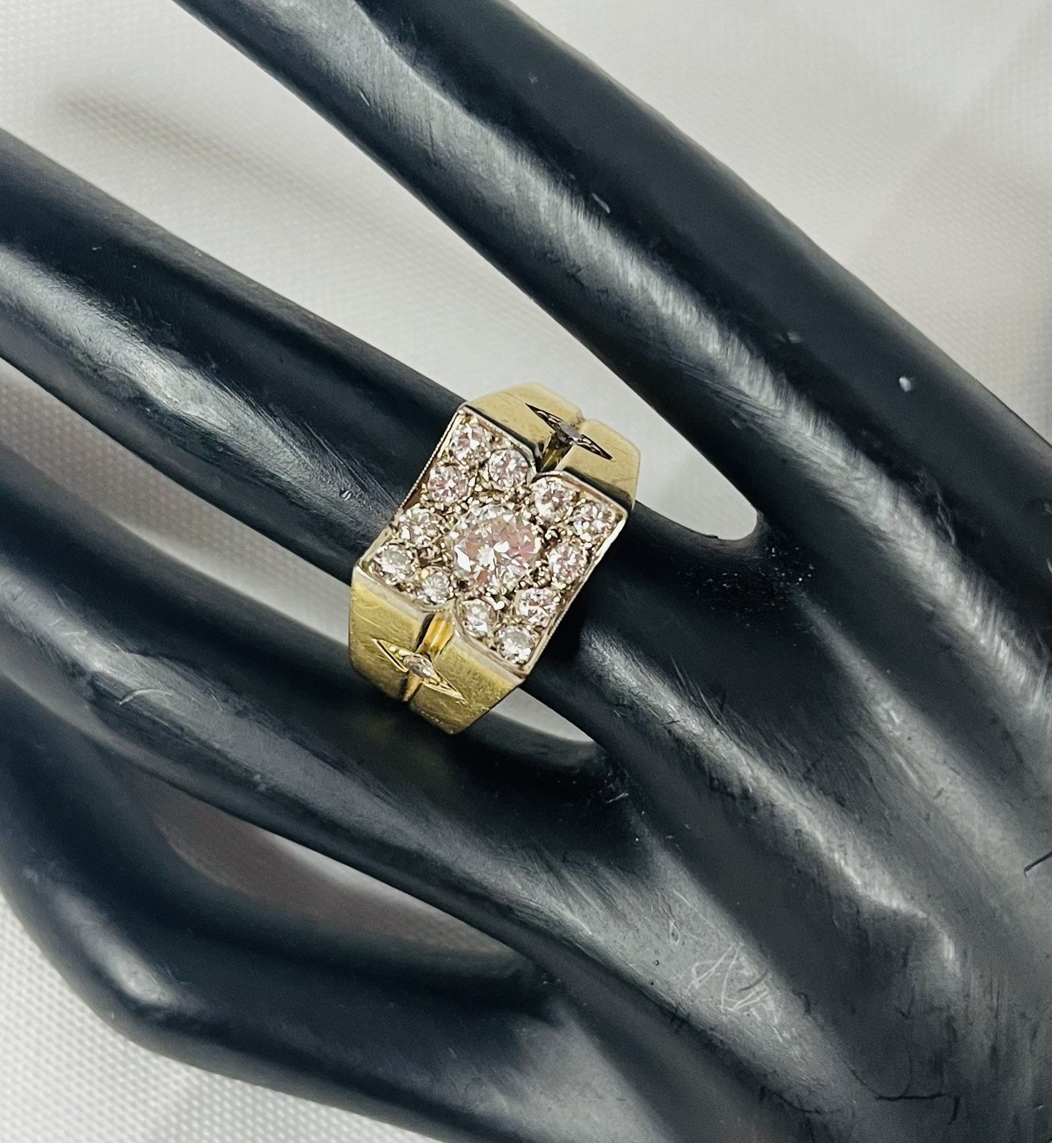 Vintage 18k Yellow Gold 1/2 CT Diamond Mans Square Ring Size 9.75
