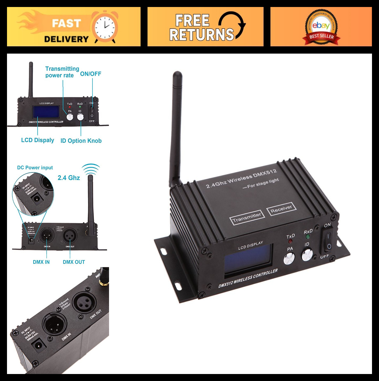 Wireless DMX 512 Controller with LCD Display, Power Adjustable Transmitter & Rec