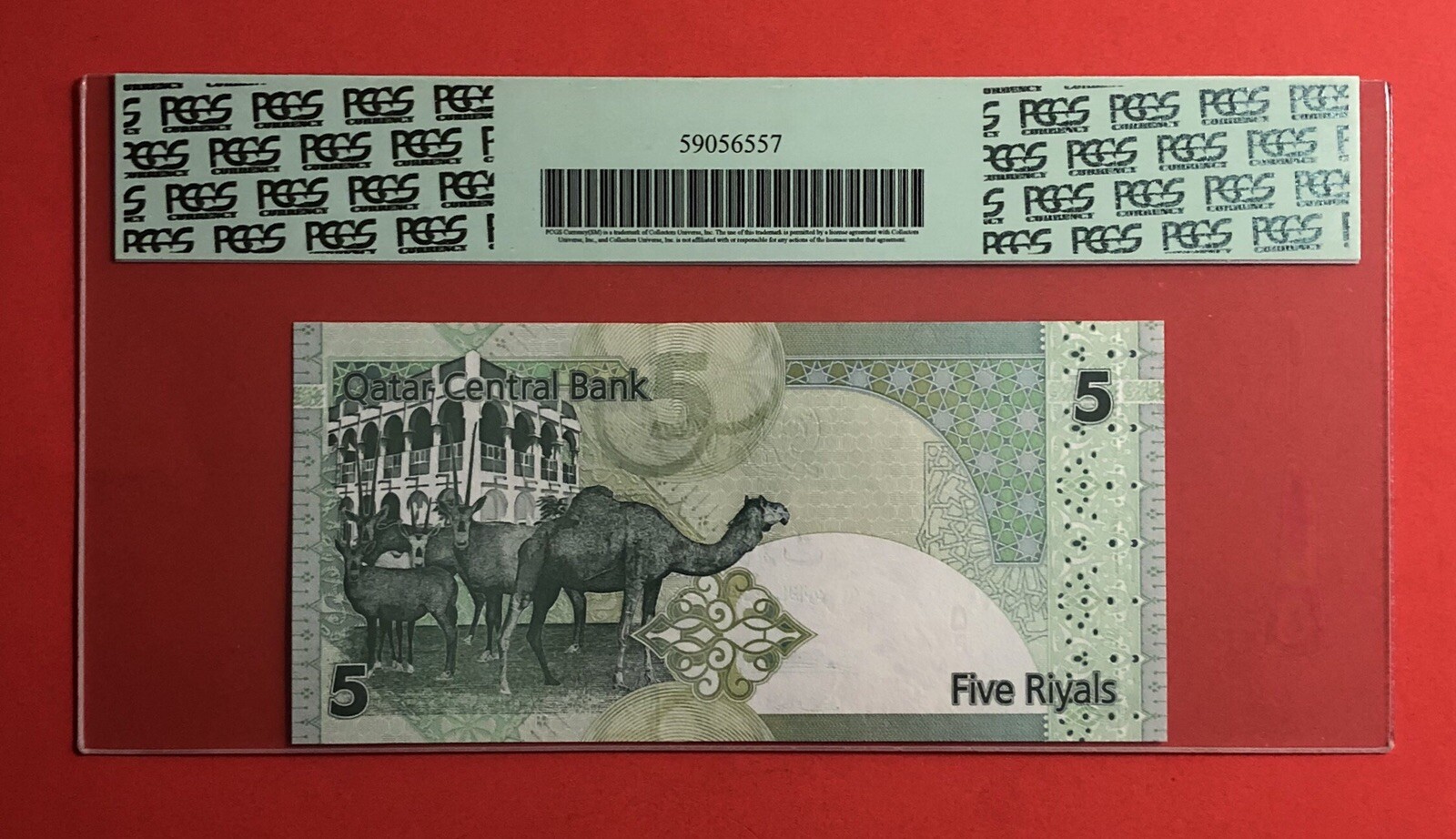 QATAR-2008-5 RIYALS BANKNOTE,GRADED BY PCGS GEM NEW 66 PPQ.