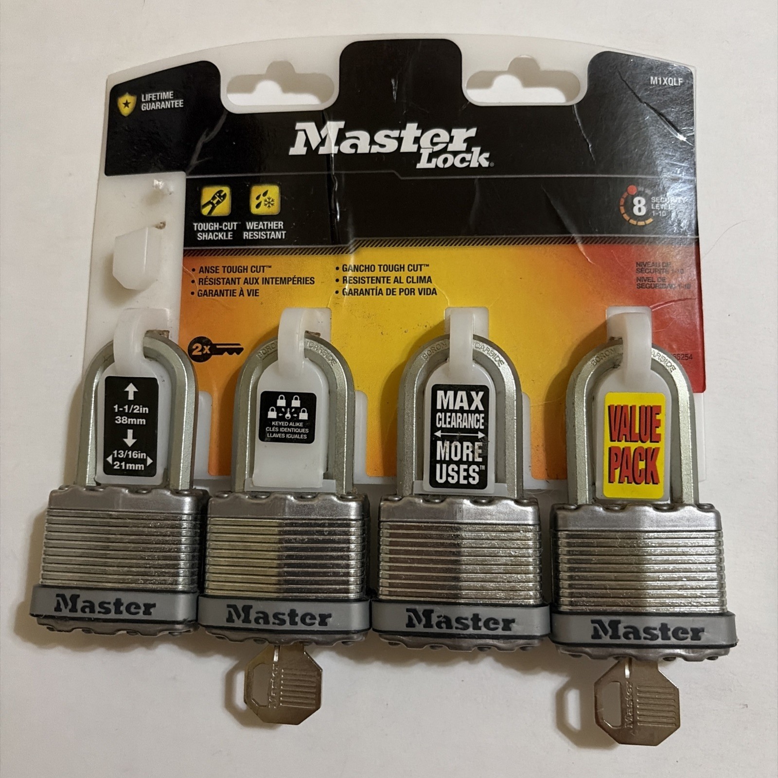 Master Lock M1XQLF 4 Pack Keyed Alike Padlocks 1-1/2" Laminated Steel New