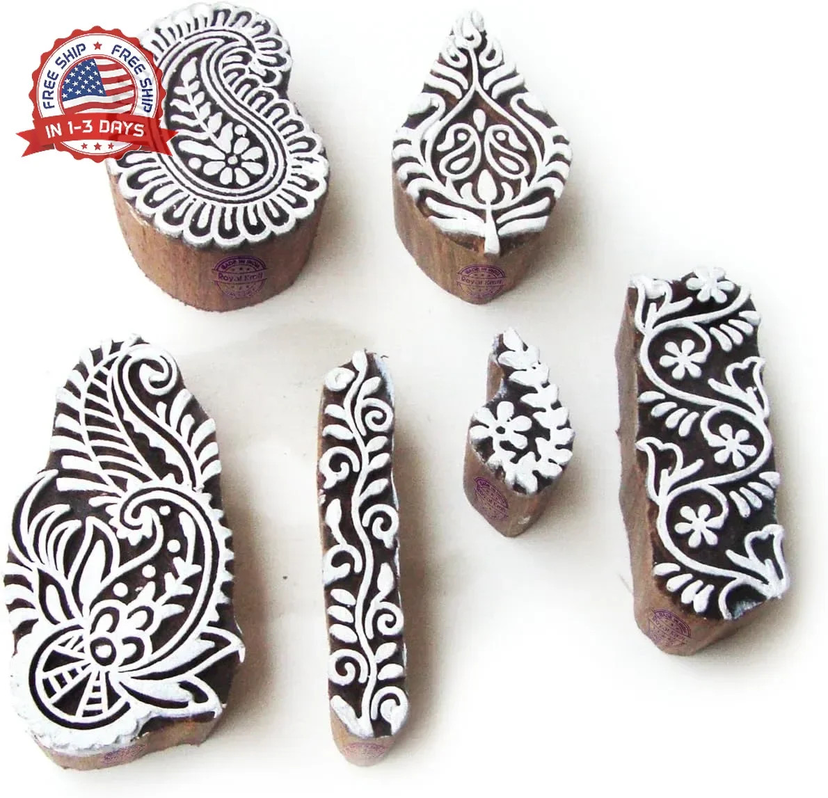 Asian Leaf and Paisley Designs Wooden Block Stamps (Set of 6) Htag0437