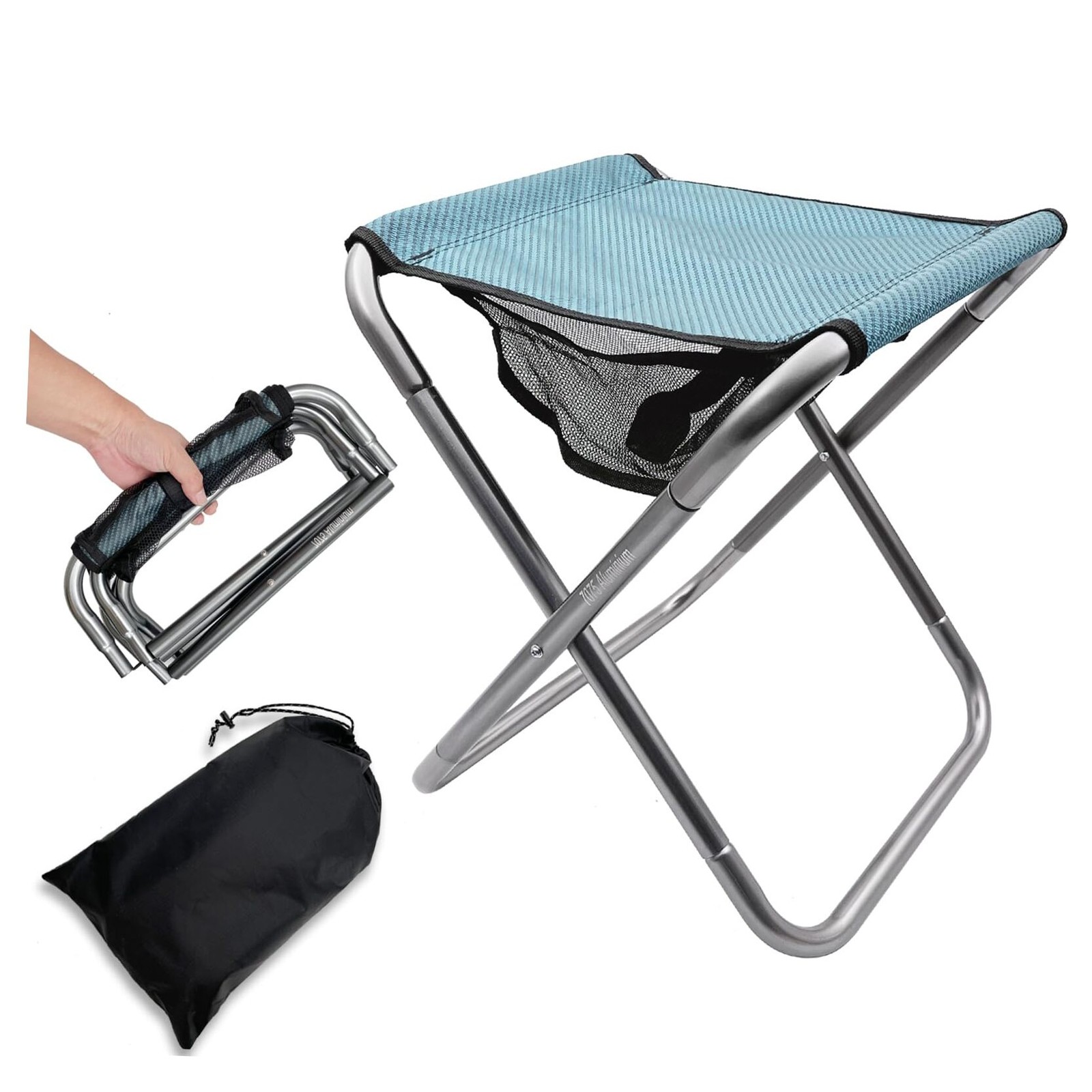 16 Inch Tall Portable Folding Camping Stool - Aluminum Alloy Blue Large
