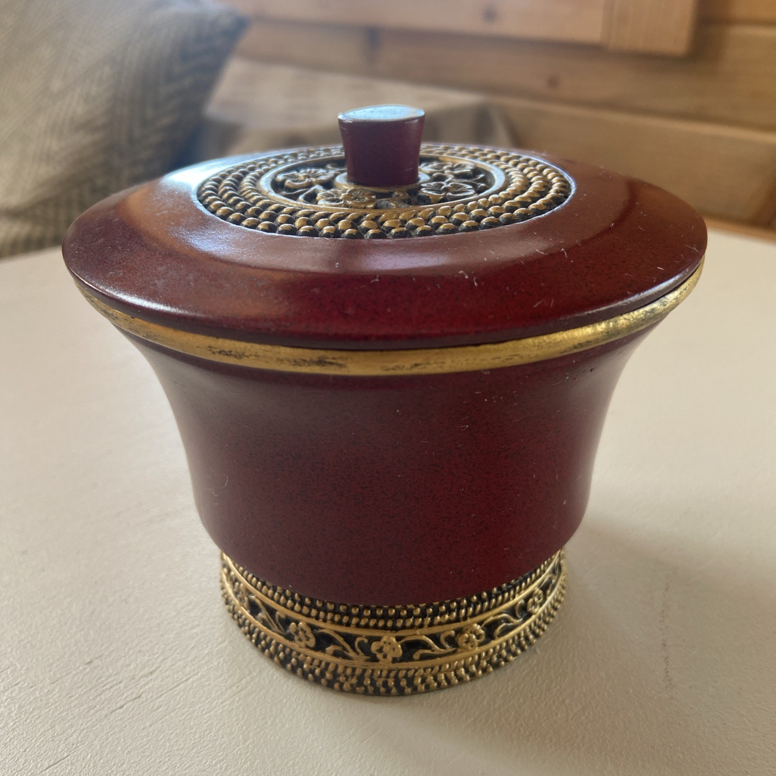 VTG 70’s Dresser Vanity Trinket Jar Ornate Lacquerware Decor India Burgundy Gold