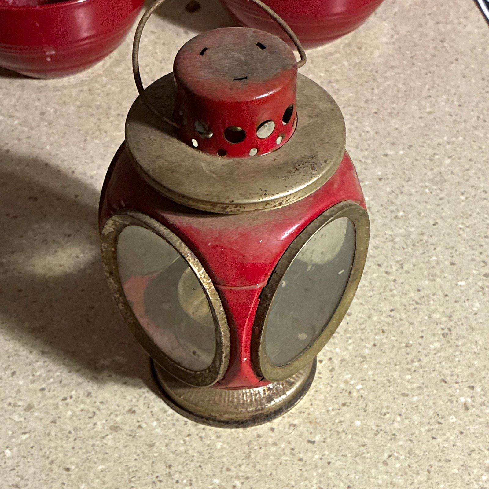 Vintage Red Metal & Glass Candle Lantern with Hanging Handle, Silver Accents