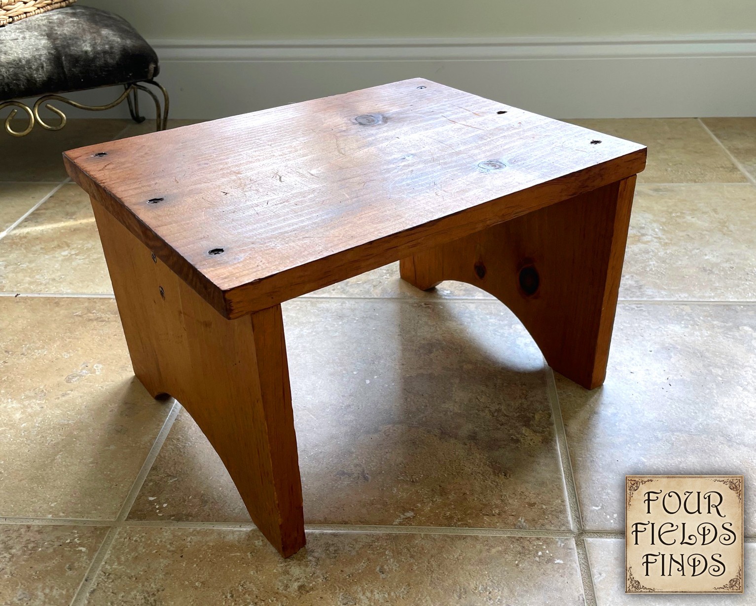 Vintage Hand Crafted Farmhouse Cottage Wooden Stool Stained 14 x 11.25 x 8.75"
