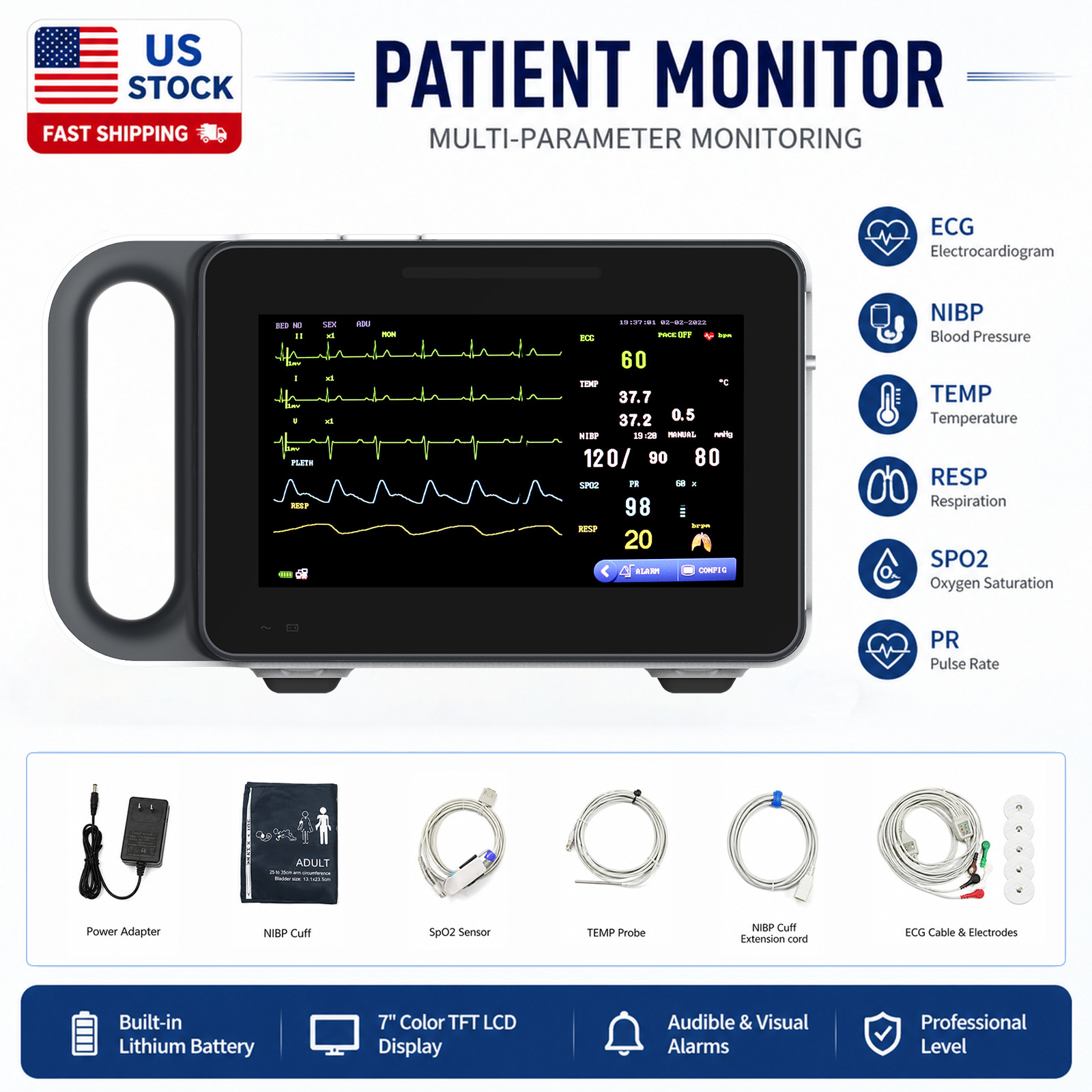 7" Patient Monitor Vital Signs ECG NIBP SpO2 PR TEMP RESP Portable US Stock