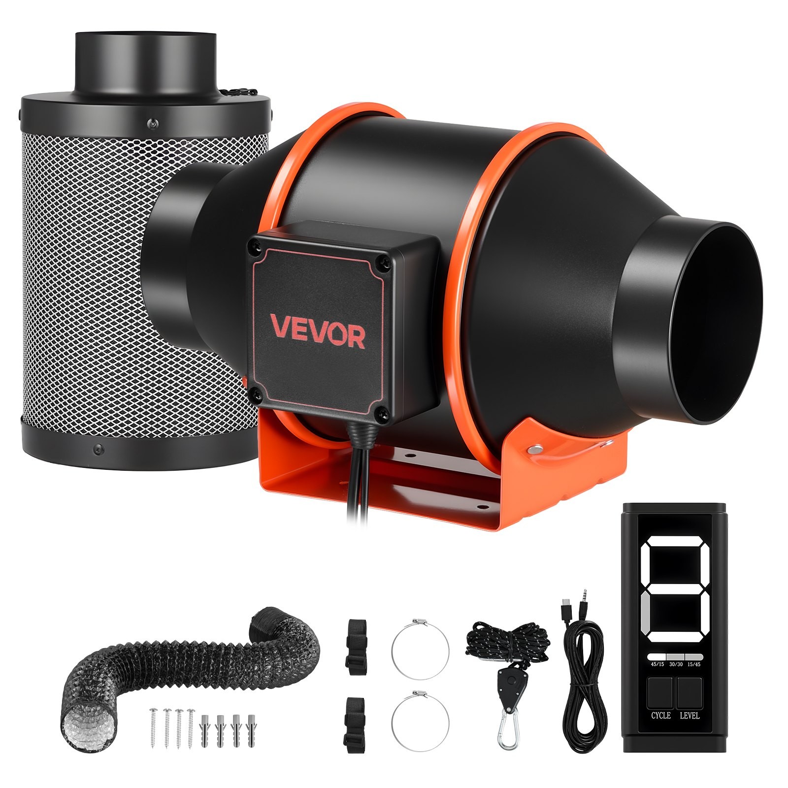 Inline Duct Fan Kit with Carbon Filter, 205 CFM 4 inch EC Motor Ventilation Fan