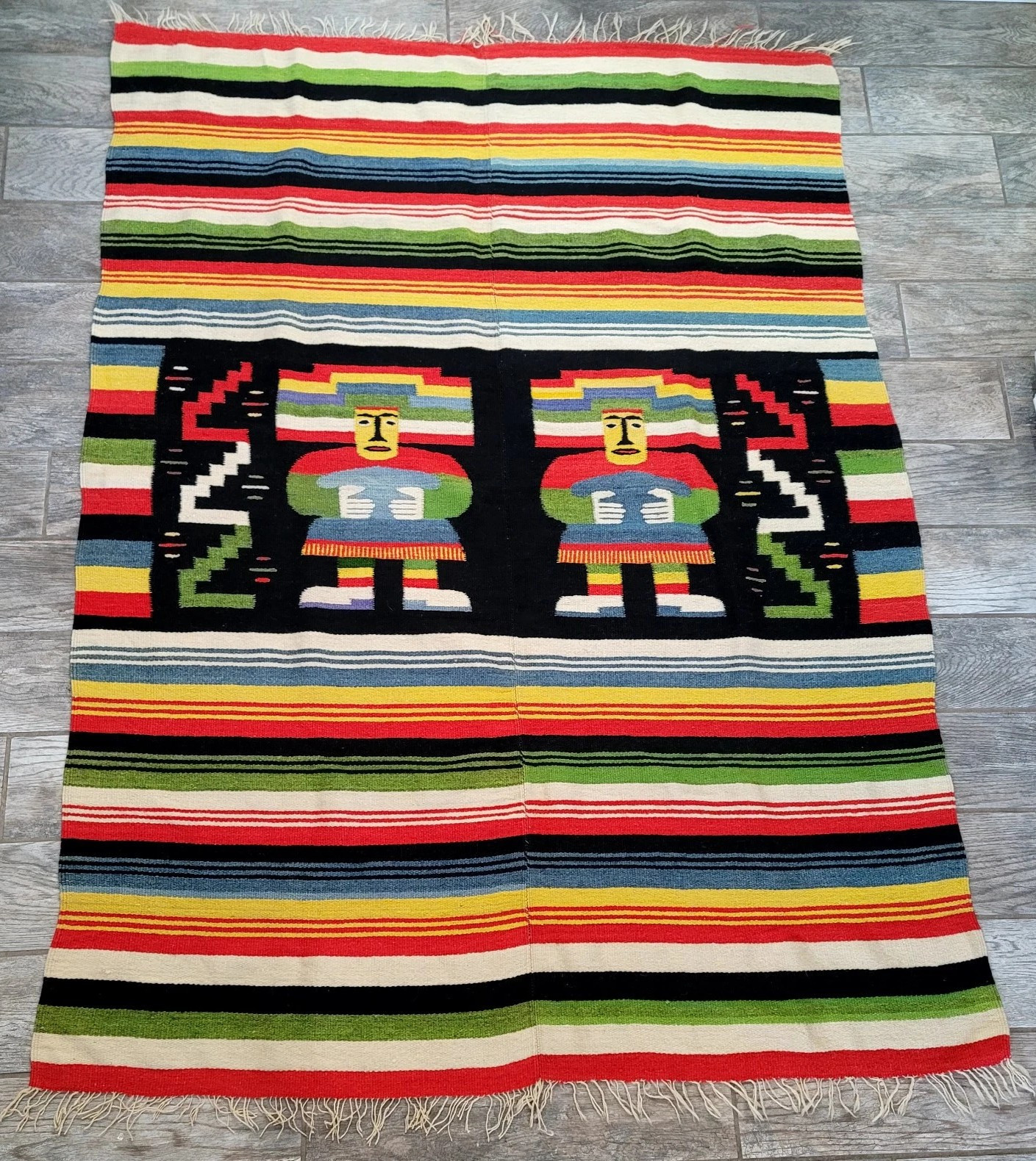 Peruvian Folk Art Blanket Weaving Wool Kilim Rug 2 Panel 54" x 72" Handmade
