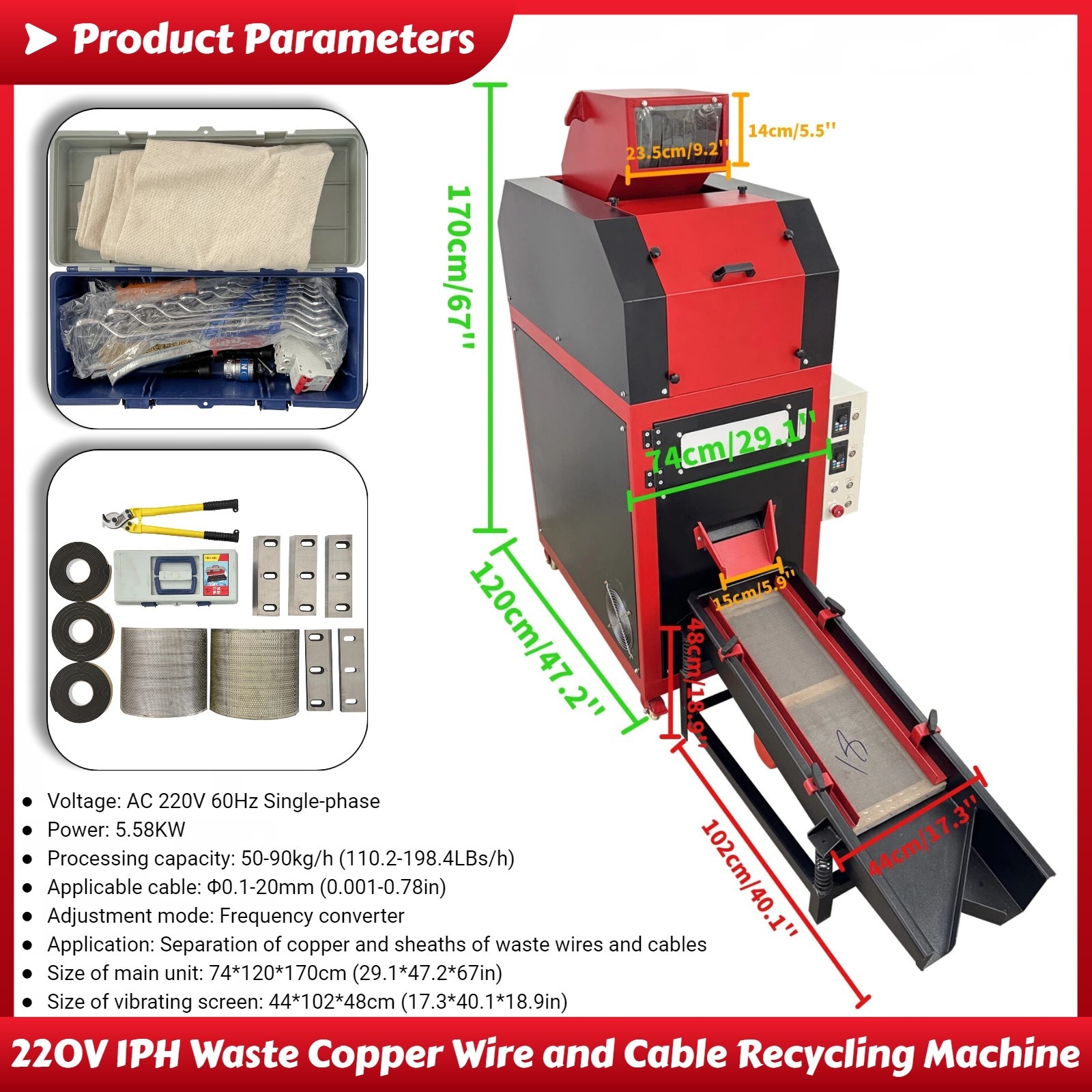 220V 1PH Copper Wire Granulator Waste Copper Wire and Cable Recycling Machine