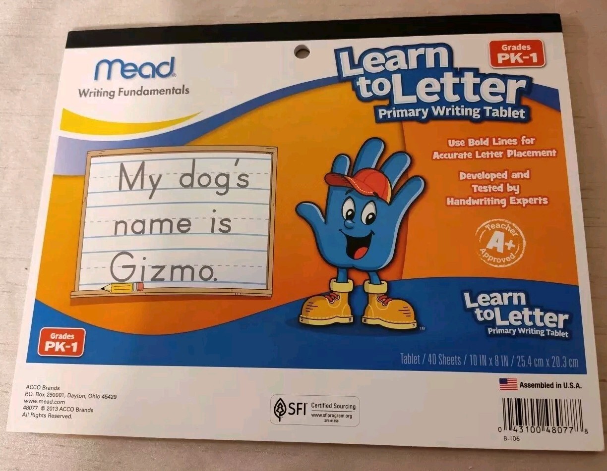 Mead Learn to Letter Primary Writing Tablet, 40 sheets Grades PK-1 NEW