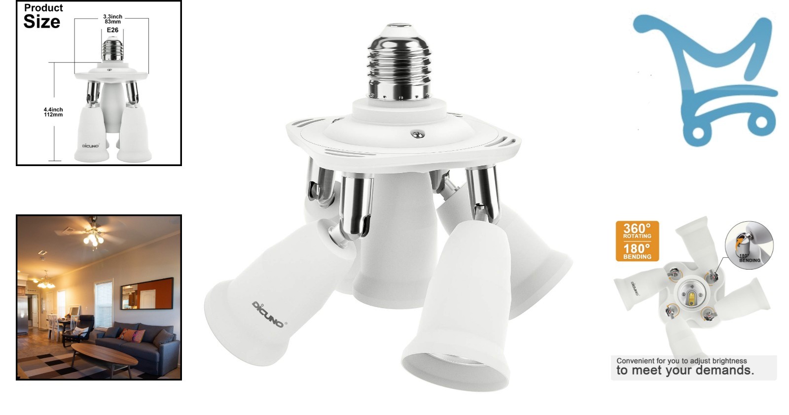 5 in 1 E26 Light Socket Splitter Adapter for LED Bulbs, Adjustable, 300W