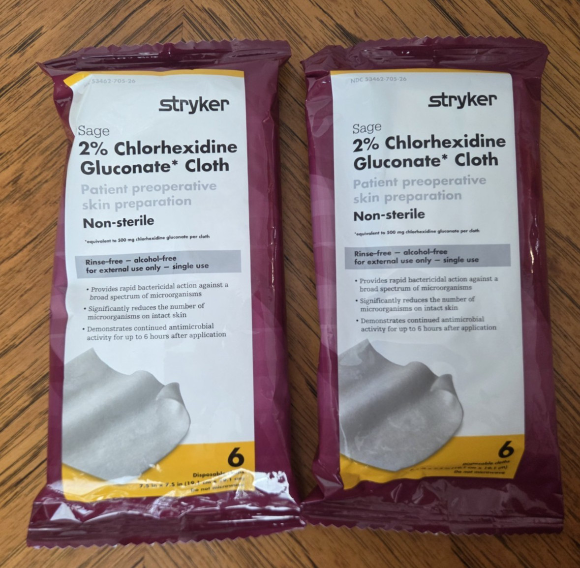 Stryker Sage 2% Chlorhexidine Gluconate Cloth 6 per pkg 2 pkgs Pre-op Prep