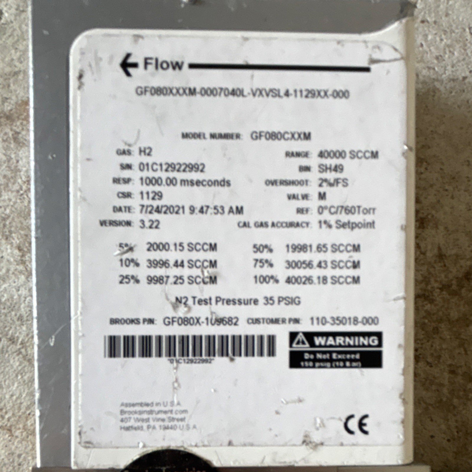 Brooks GF080CXXM GF Series Mass Flow meter 40000 SCCM H2
