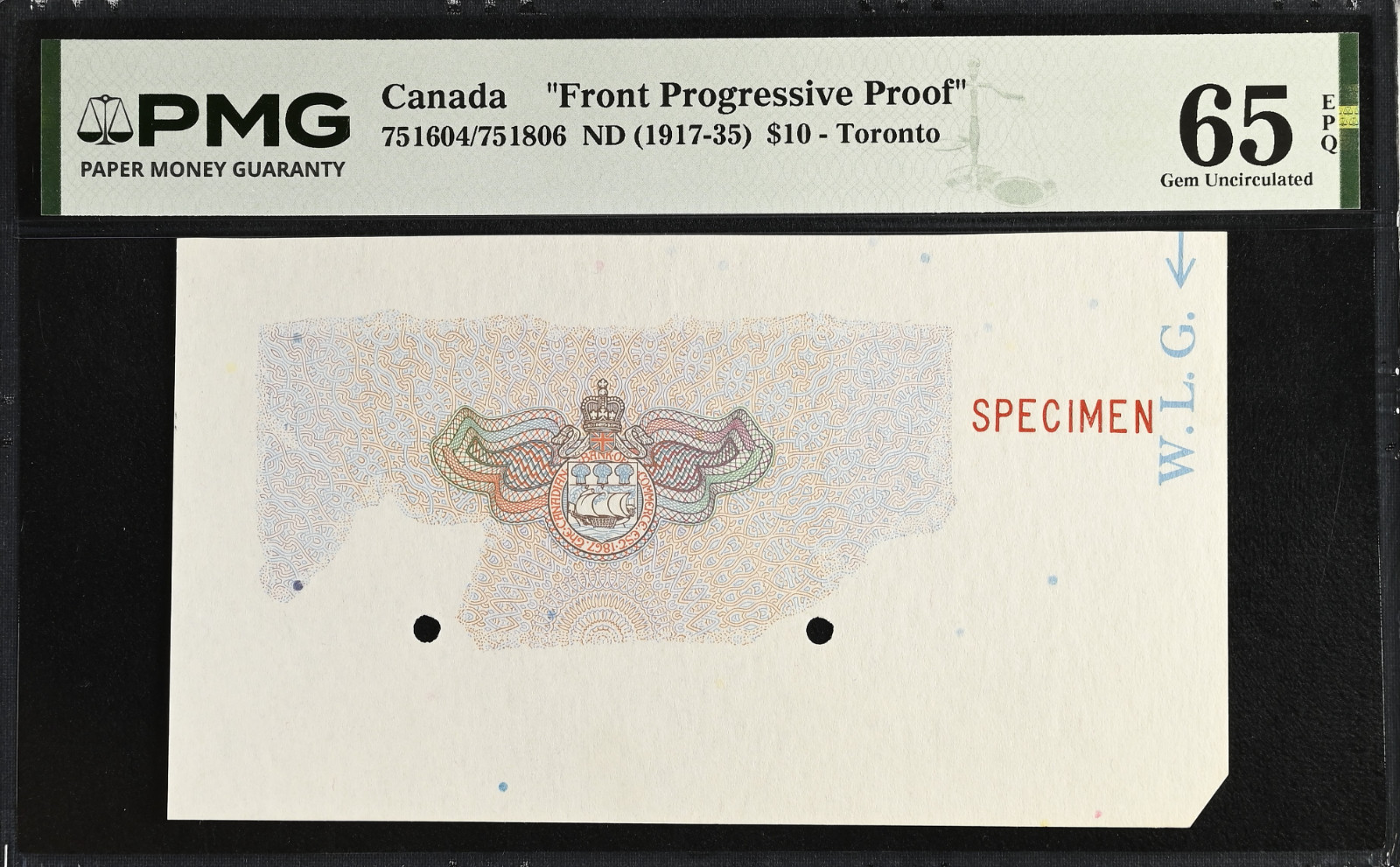 PMG Canada "Front Progressive Proof" 10 Dollars 1917-1935 GEM UNC 65 EPQ