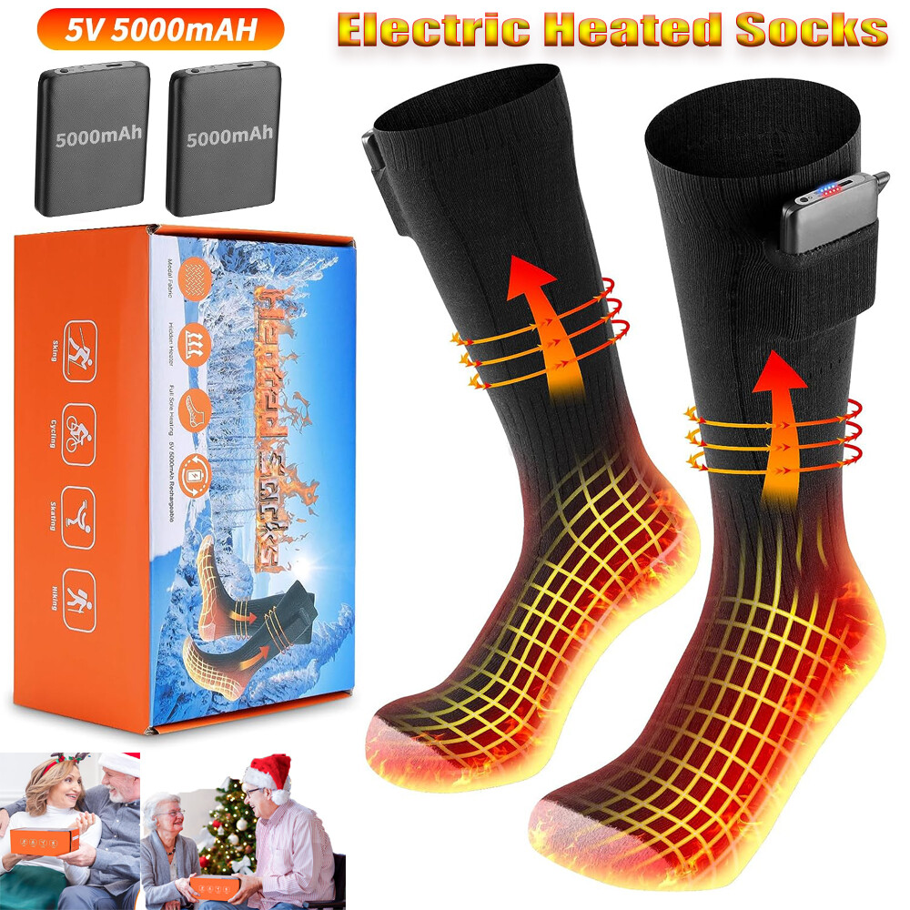 USB Electric Heated Socks Rechargeable Men Women Winter Foot Warmer W/ 2 Battery
