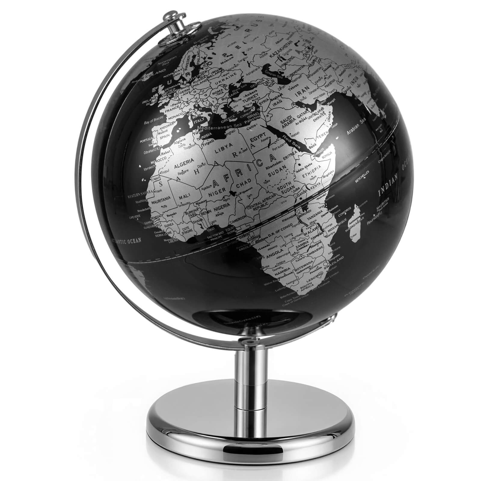 Metallic Black World Globe 8-Inch Rotating Earth Globe Metal Stand Teaching Gift
