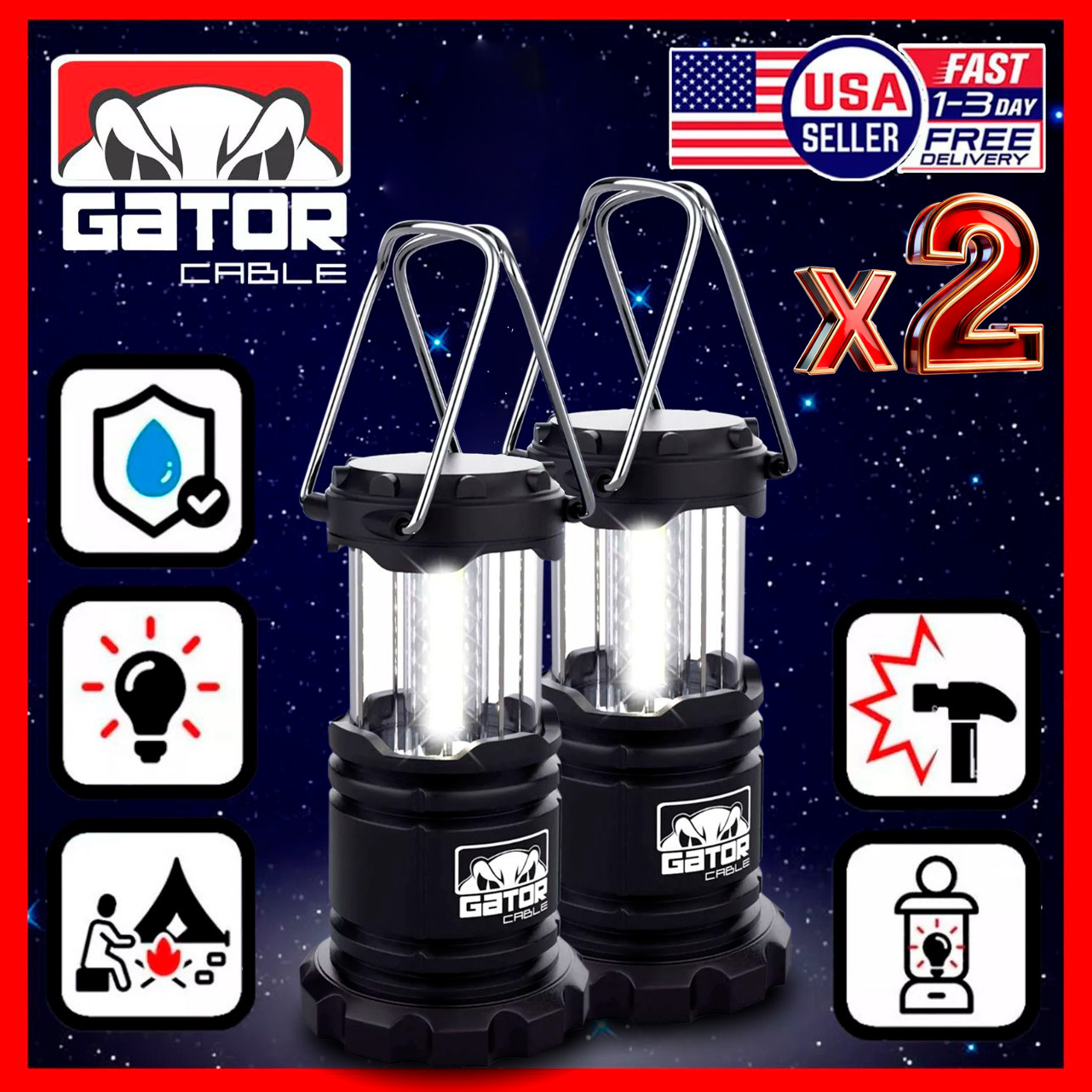 2-Pack Camping LED Bright Emergency Lantern Light Lamp Portable Battery Powered