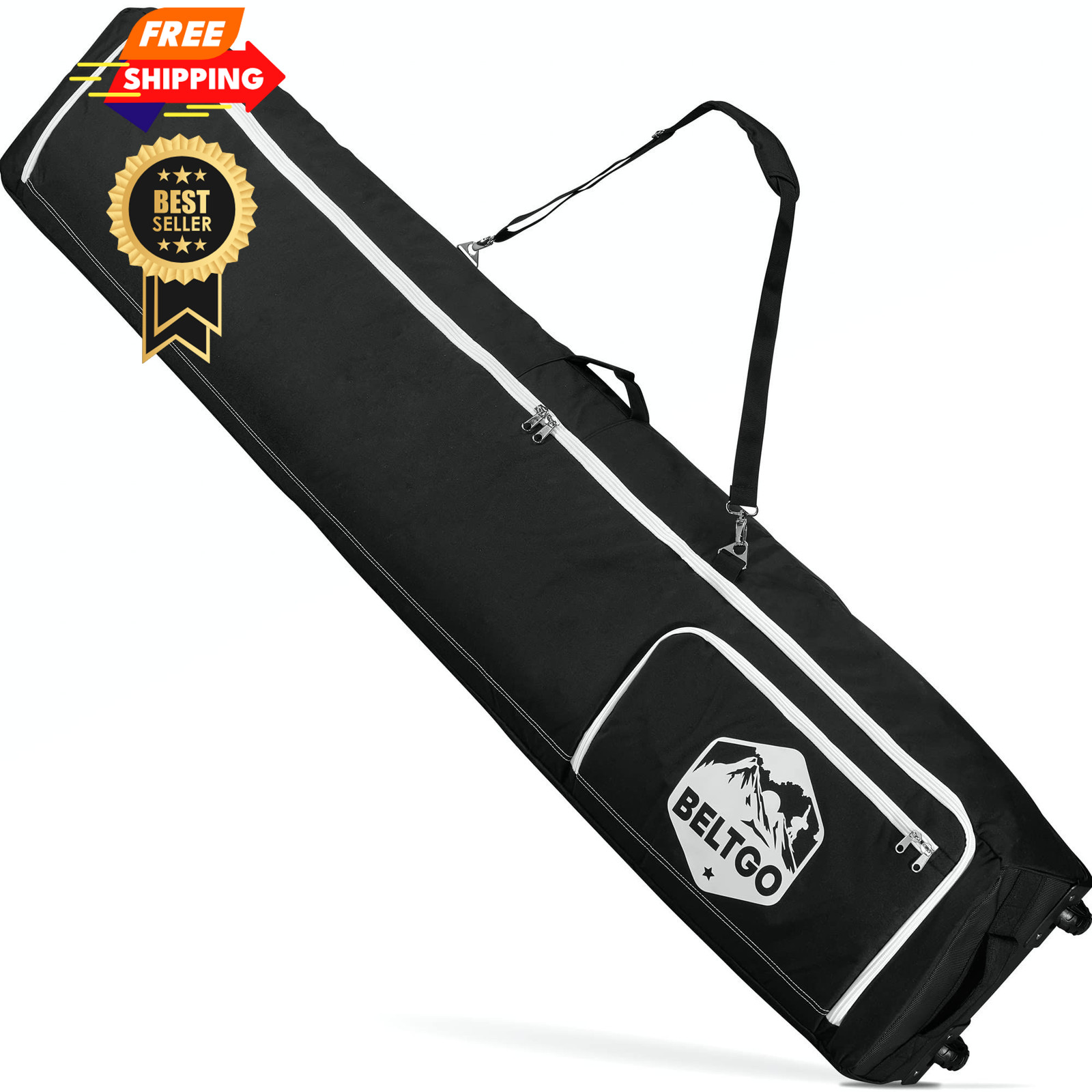 BeltGo Rolling Ski/Snowboard Bag with Wheels for Air Travel - 175cm, Black