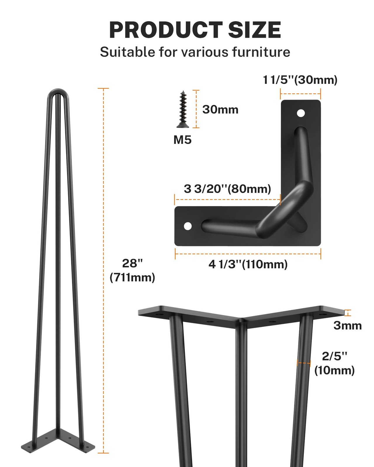 4 PCS 28 inch Hairpin Table Legs Heavy Duty Steel Furniture Leg with Protector