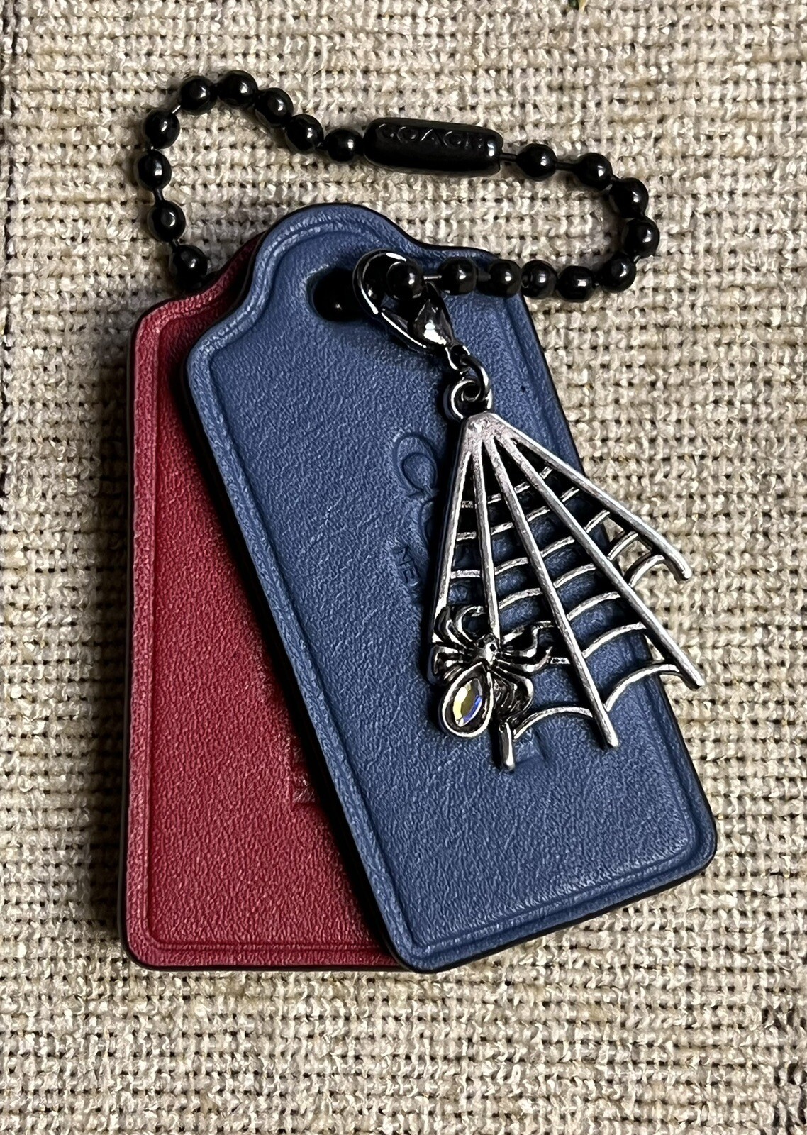 2 Genuine Coach 2.25” Red and Blue Leather HangTags Fob Spider Web Charm New