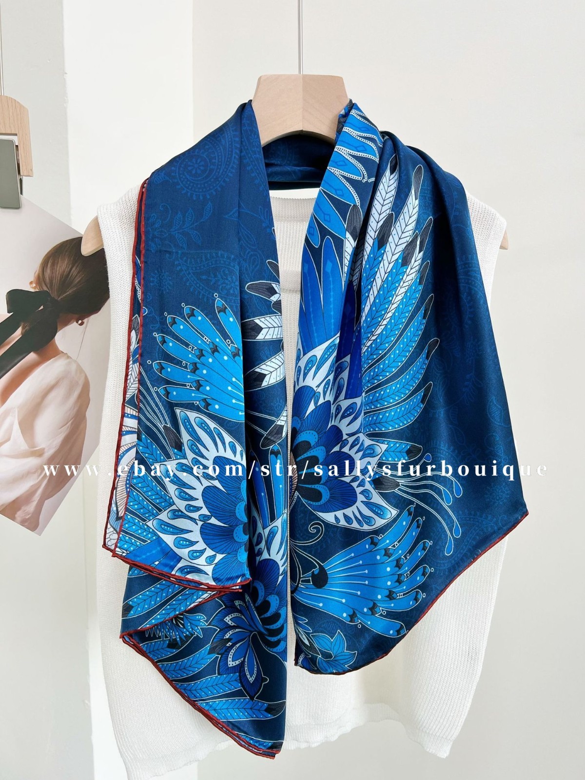 Sallys 100% Silk Wrap Shawl Bandanna Shawl Feathers Print Square Scarf 43" Blue