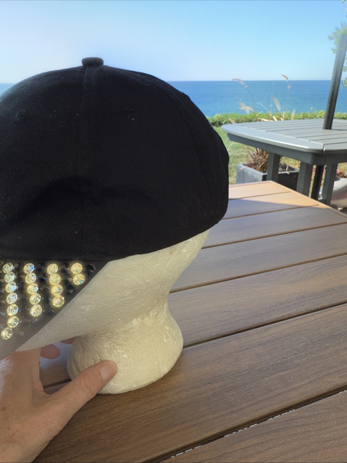 Rhinestone Black Baseball Type Hat Cap Gold and Black Sparkle Hook Loop Cotton