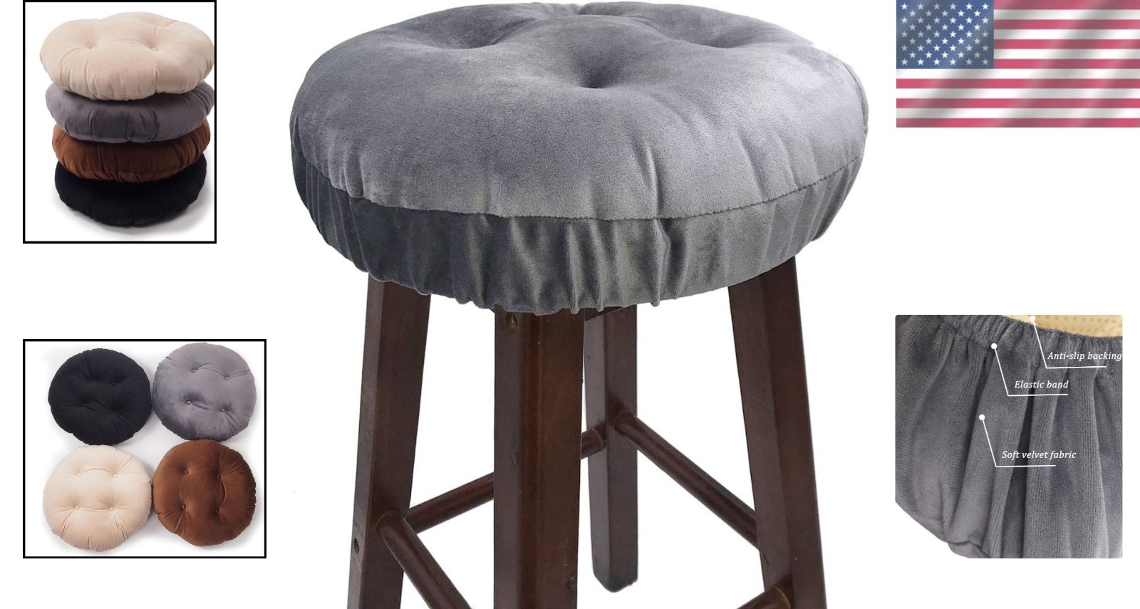Soft Velvet 12" Round Stool Cushion with Non-Slip Backing - Machine Washable