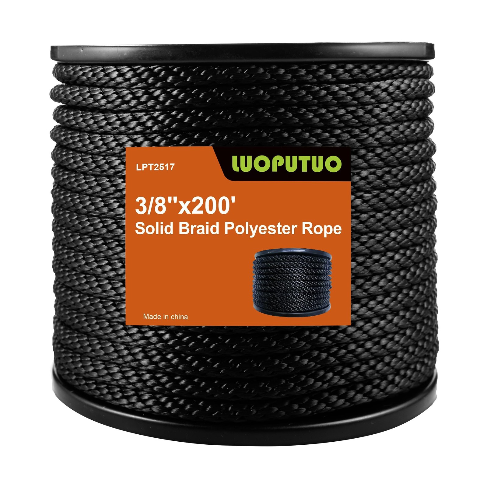 3/8 Inch × 200 FT Black Polyester Solid Braid Rope – UV & Abrasion Re
