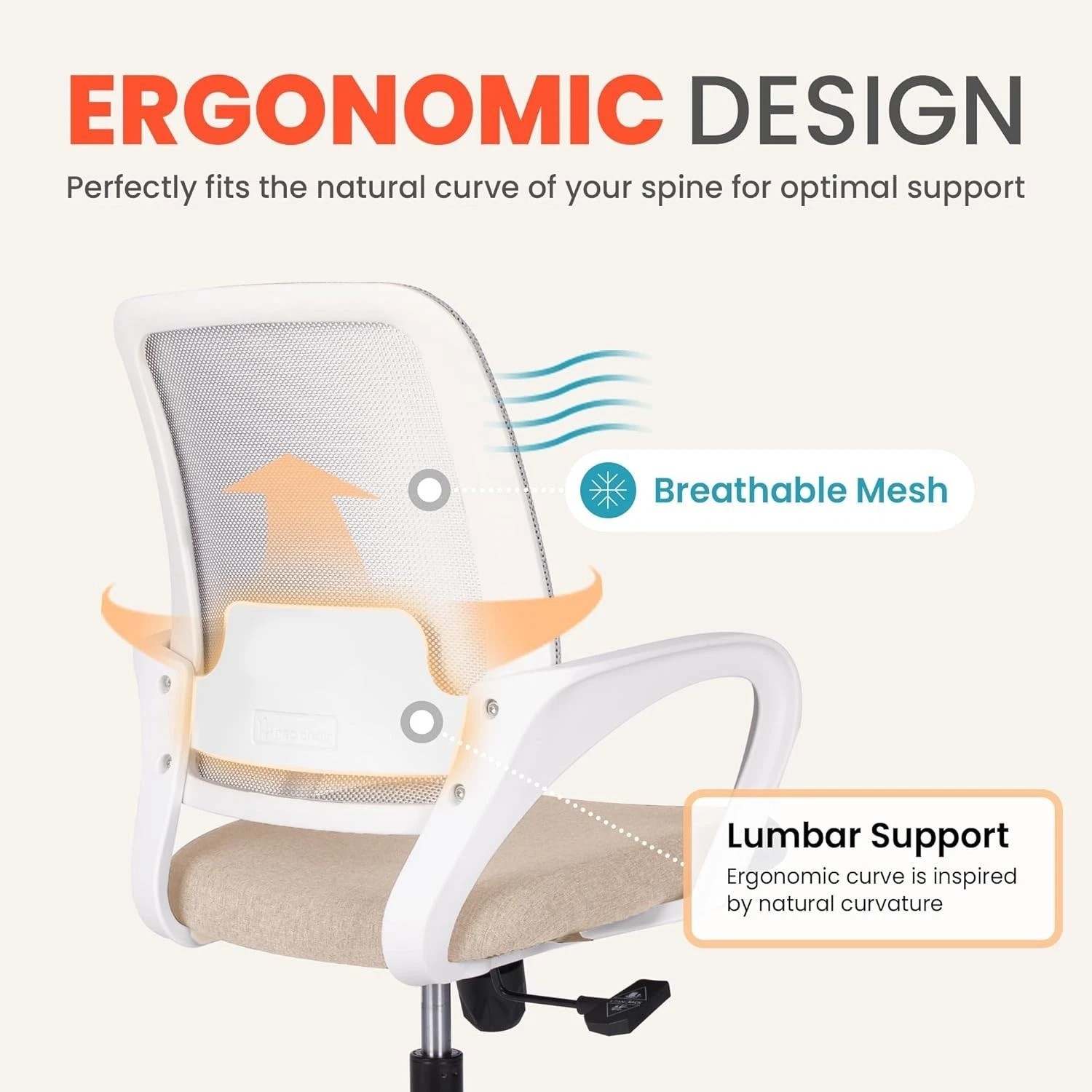 Adjustable Height Rolling Office Chair with Lumbar Support - Comfy Beige Design