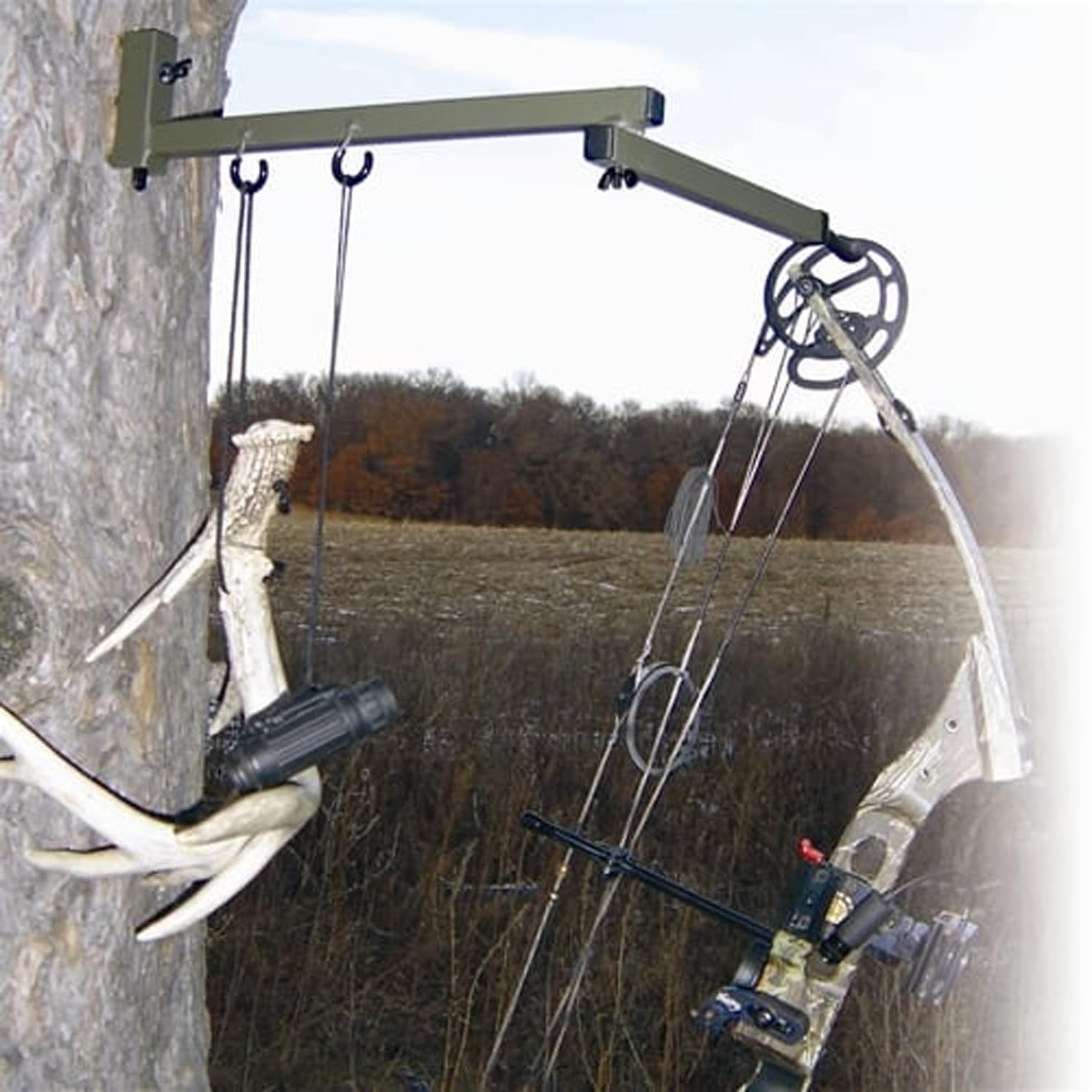 Tree Stand Bow Hanger with Two Accessory Hooks and Three Mounting Screws