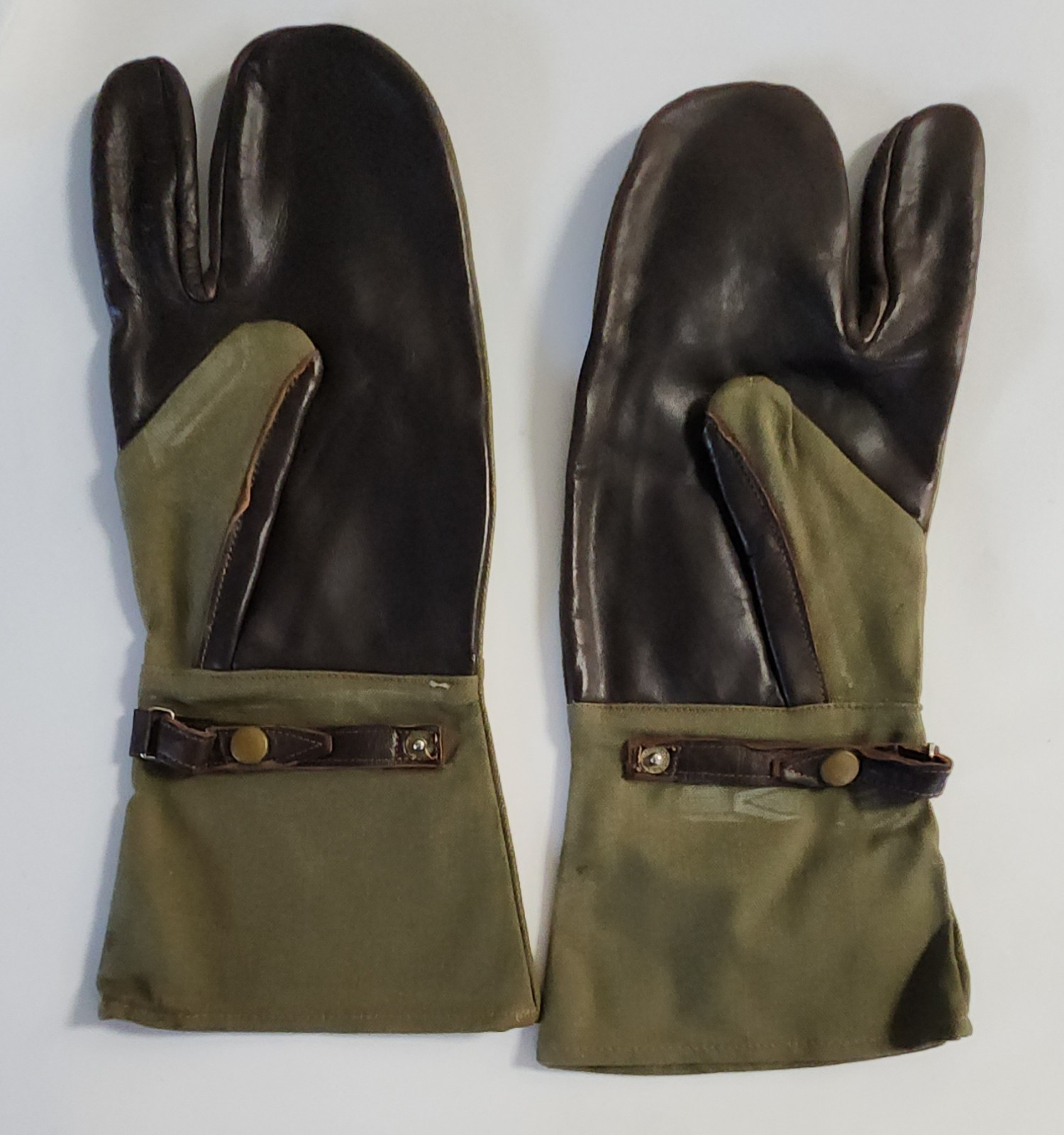 Chaumont Paris French Military Gunner Mitten Gloves Green Canvas & Leather