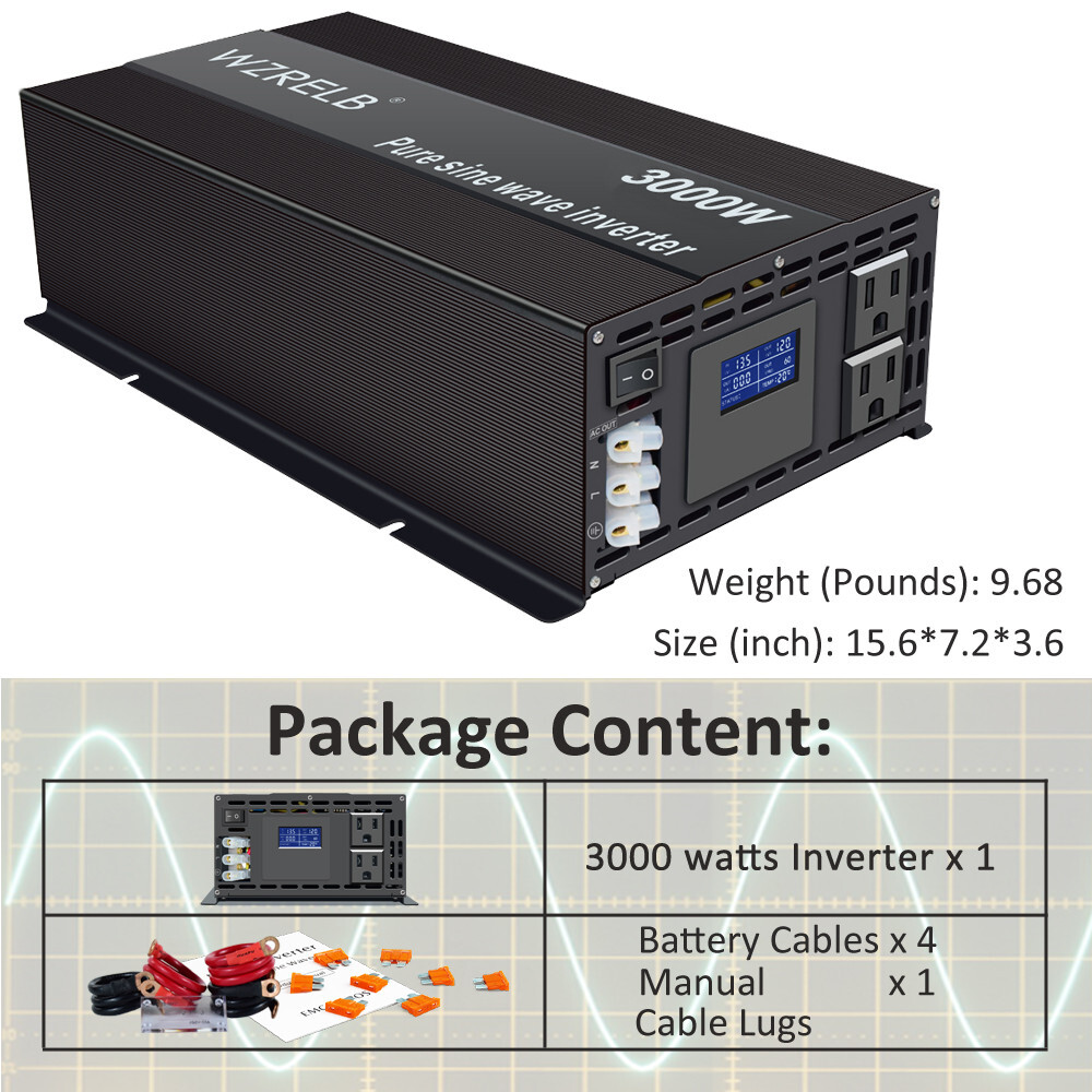 WZRELB Pure Sine Wave Inverter 12V 24V 36V 48V Power Converter 2000w 3000w Solar