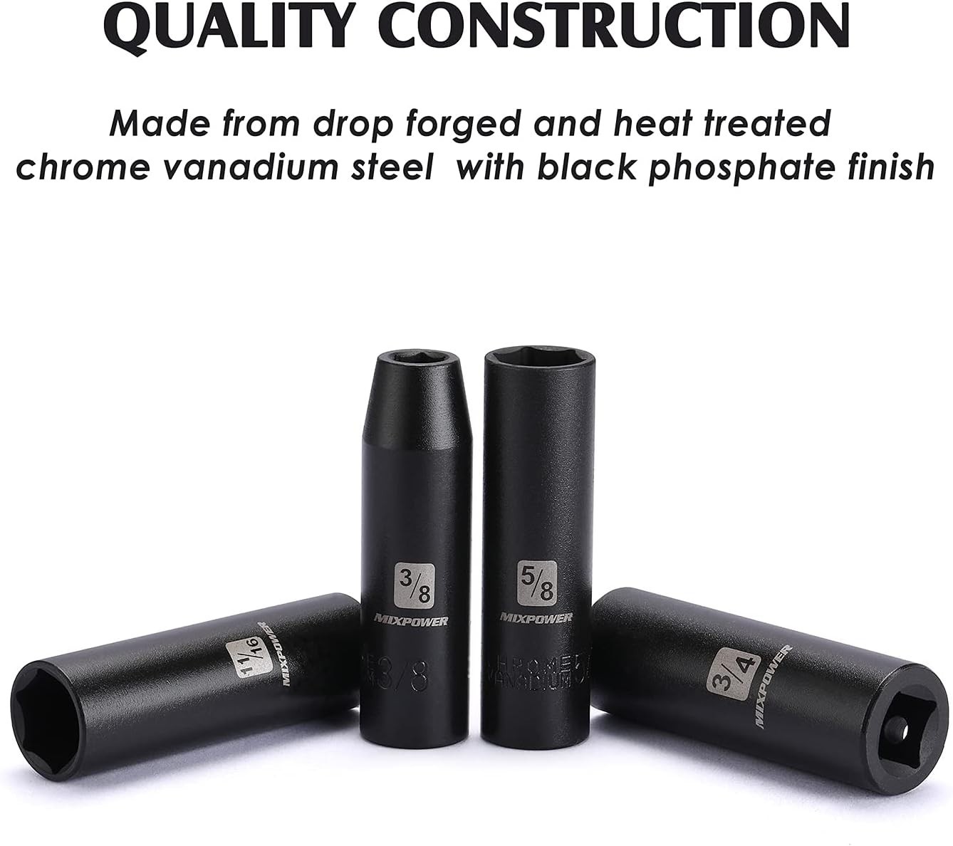 Impact Socket Set 11 Pieces Chrome Vanadium Deep SAE 6-Point for Heavy Duty