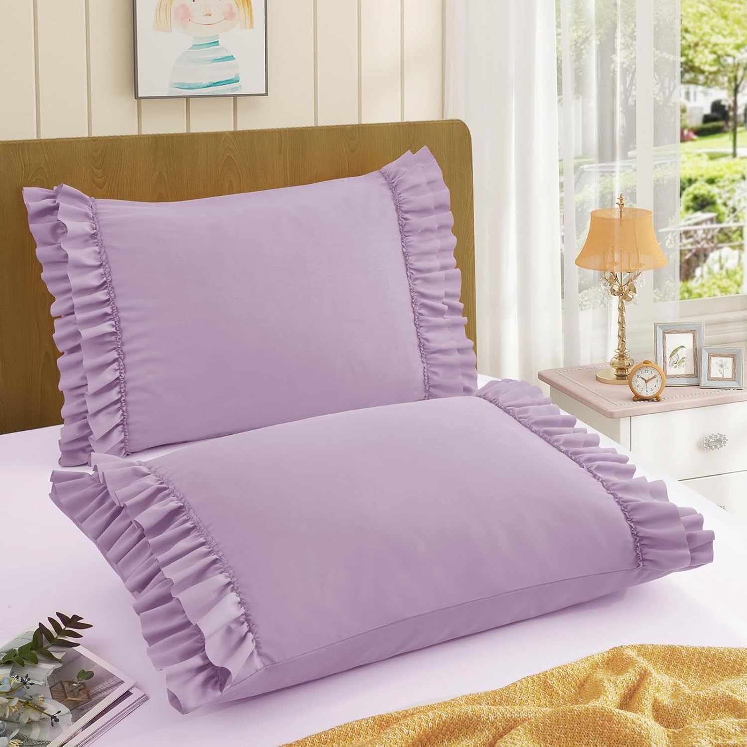 Set of 2 Ruffled Pillowcases 20x26 in Pink Microfiber Decorative Sham Boho Envel