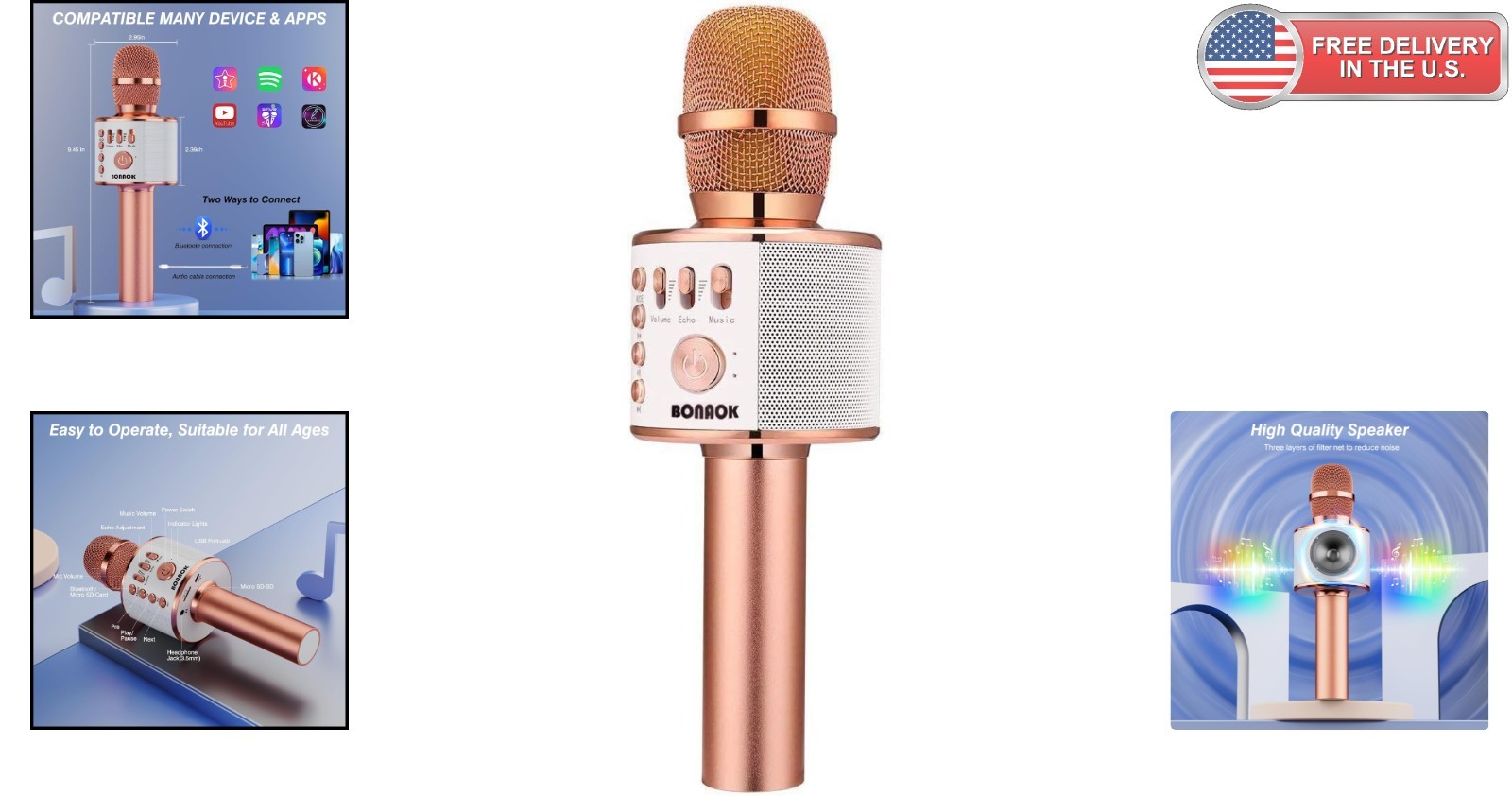 Rose Gold Wireless Bluetooth Karaoke Microphone with Volume Control for All Ages