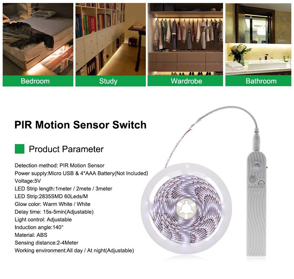 Motion Sensor LED Strip PIR Sensor LED Strip 2835 forDIY Under Bed Light Bedroom